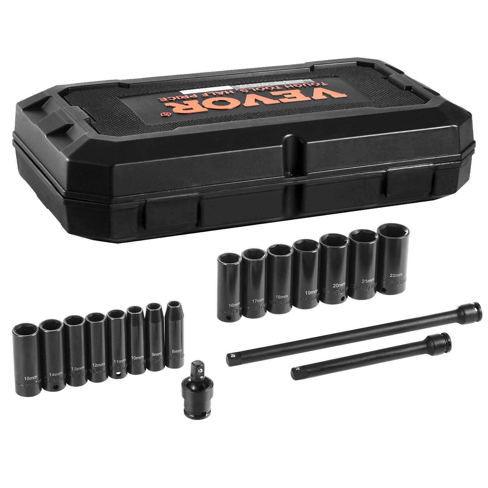 VEVOR Set Bussole a Impatto da 3/8", Set Bussole Profonde da 18 Pezzi, Metriche da 8 a 22 mm, Acciaio Legato CR-V a 6 Punte per Riparazioni Auto, Marcature Dimensioni Struttura Robusta con Valigetta