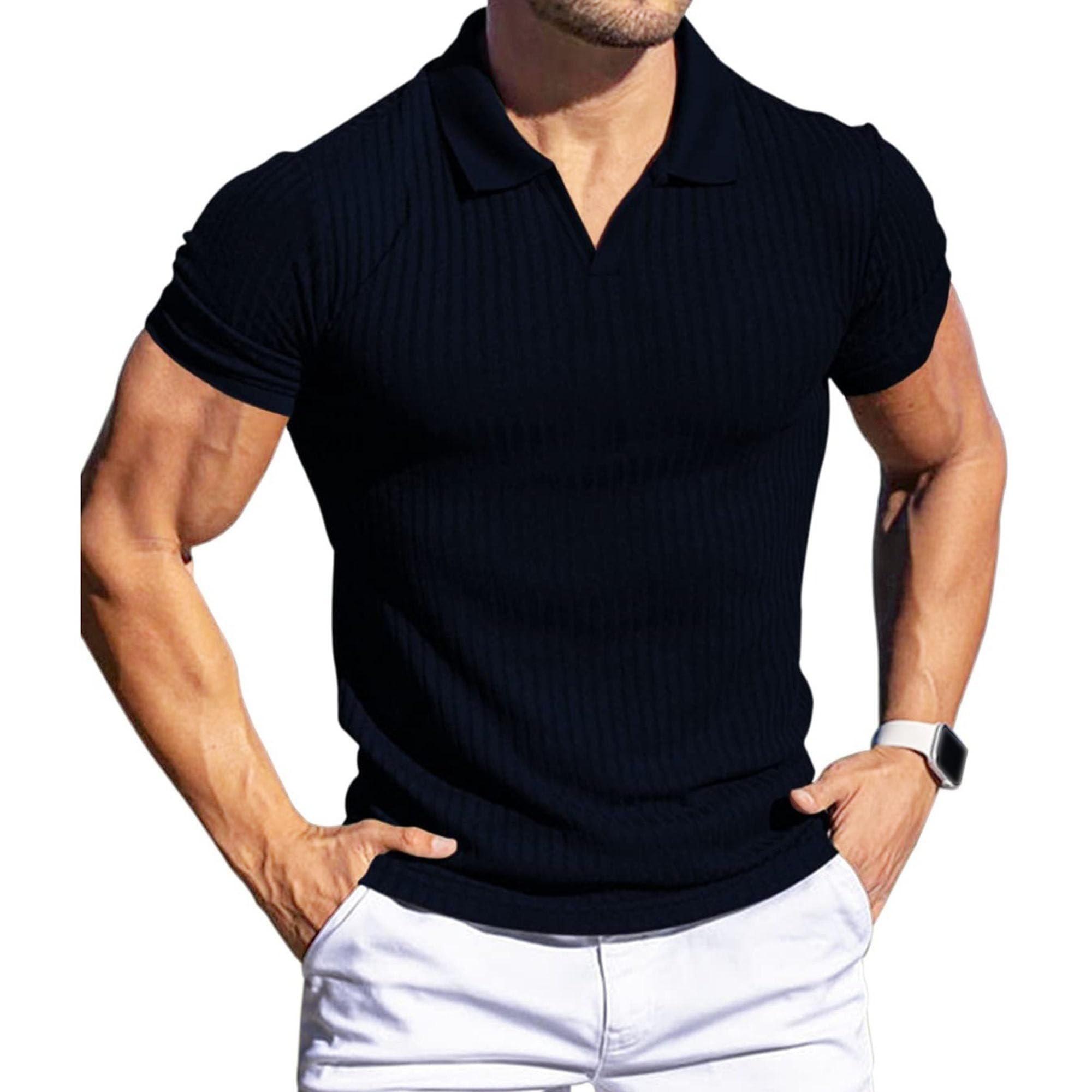 Men Lapel V-Neck Classic Wrinkle Shirts Short Sleeve Slim Fit Polo Shirt Summer Vertical Striped Pullover Tops (Dark Blue,XX-Large)