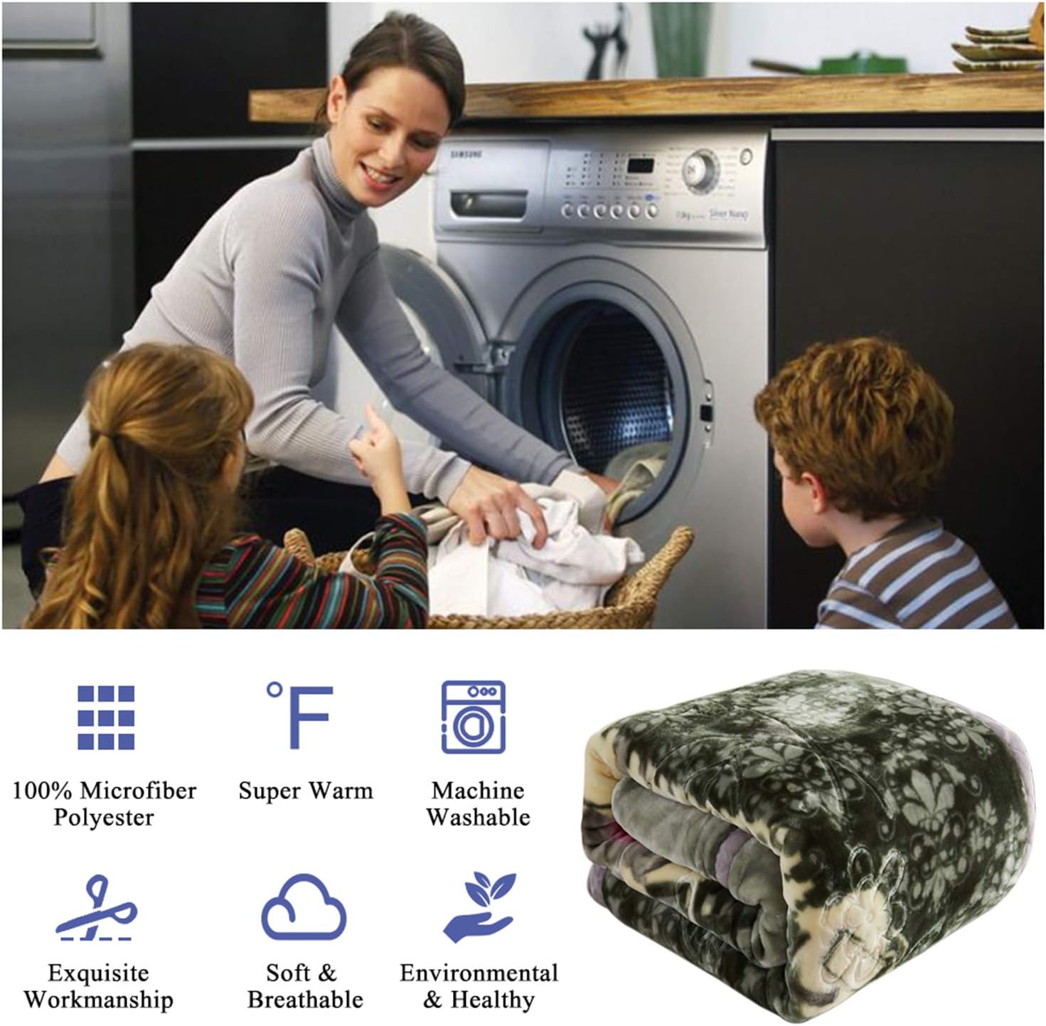 MERRY HOME Korean Mink Blanket King Size, 2 Ply 10 Pounds Plush Fleece Bed Blanket - Soft, A&B Printed Thick Heavy Warm Blanket for Winter (Grey Green Floral, King(85"x 93")) - Image 8