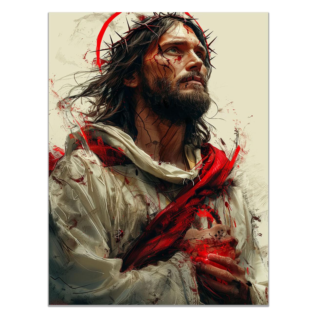 QUSAAOU Jesus Canvas Wall Art Jesus the Sacred Heart Christian Religious Prints Painting for Bedroom Living Room Bedroom Hallway Home Decoration(cream)-60x90cm Unframed