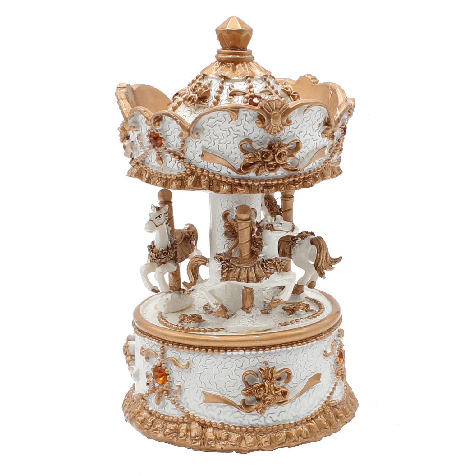 Dekohelden24 Music Box as Carousel with Sound, Made of Poly in White Gold with Orange Stones, Size L/W/H 14 x 8 x 14 cm, 14 cm