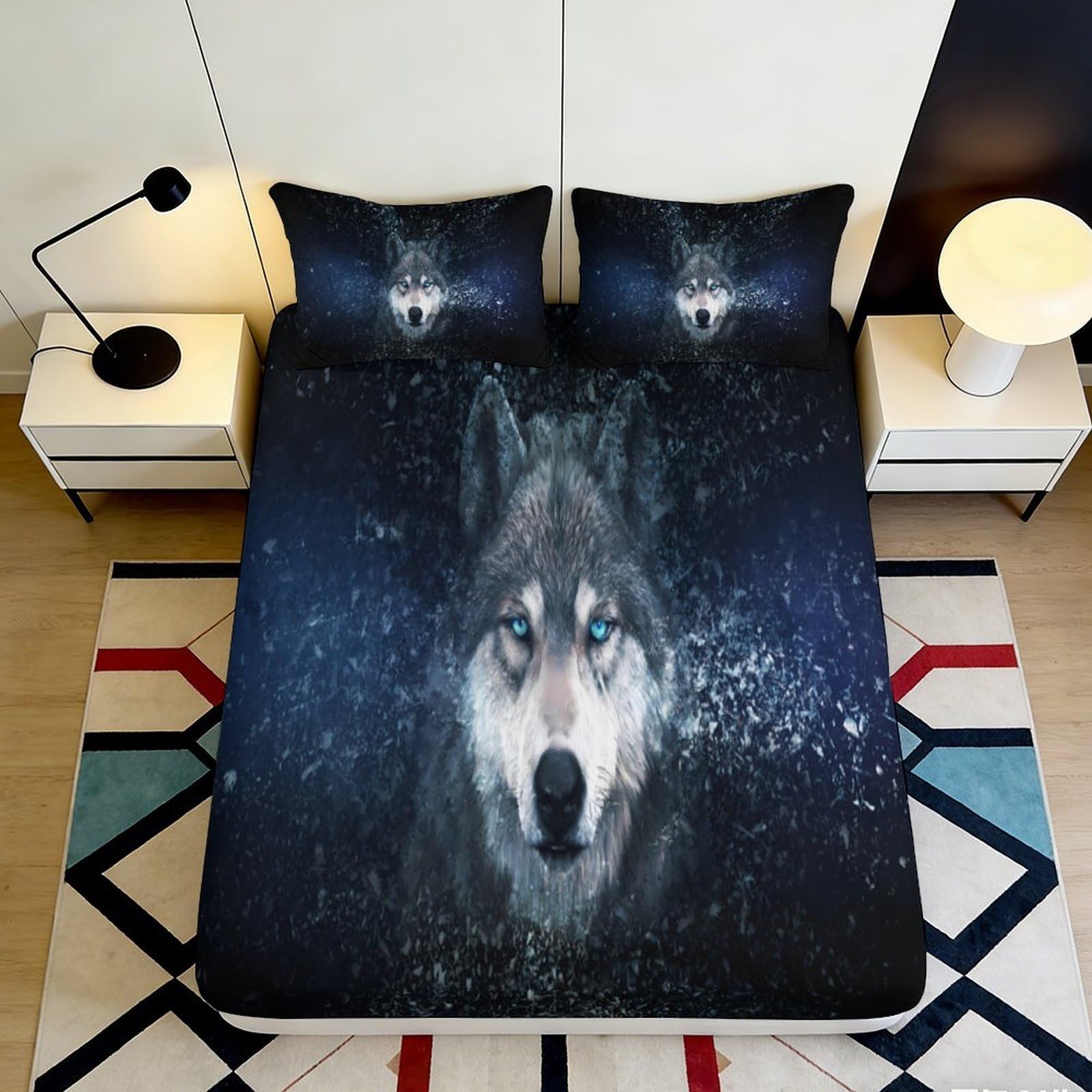 Zfldkwgb Style-7 3D Printed Wolf Night Sky Fitted Sheet Microfiber Breathable Forest Bed Cover For Bedroom Guest Room Mattress Protection 90X200x25cm