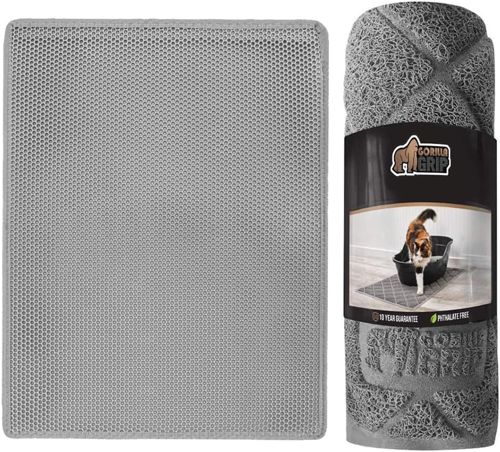 Gorilla Grip Honeycomb Cat Litter Mat and Water Resistant Cat Litter Box Trapping Mat, Mat Size 30x24, Water Resistant, Mat Size 24x17, Easy Clean, Both Color Gray, 2 Item Bundle