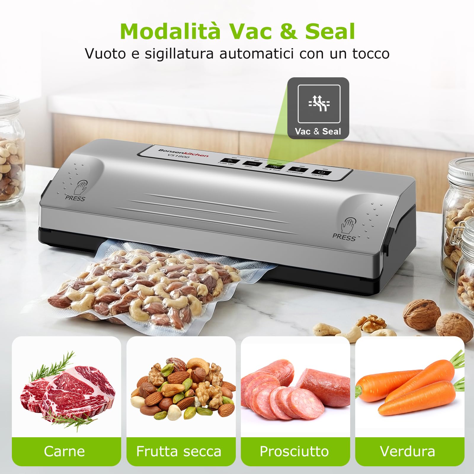 Bonsenkitchen Macchina Sottovuoto, Saldatura Robusta 30 cm, Funzione Pulse per Cibi Umidi, Kit Aspirazione Esterna, Uso Continuo con Protezione Termica, con 5 Sacchetti, VS1800