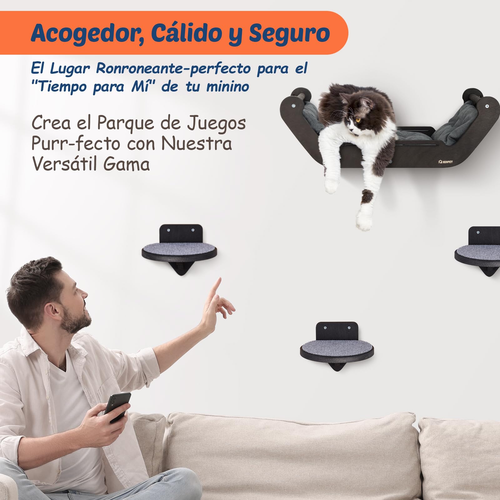 Estantes de Pared para Gatos con Hamaca de Pared para Gato y Estante de Pared de 3, Muebles de Madera para Gatos, Escaleras para Gatos para Jugar, Escalar y Dormir (XL, ​​Cama para Gatos​)