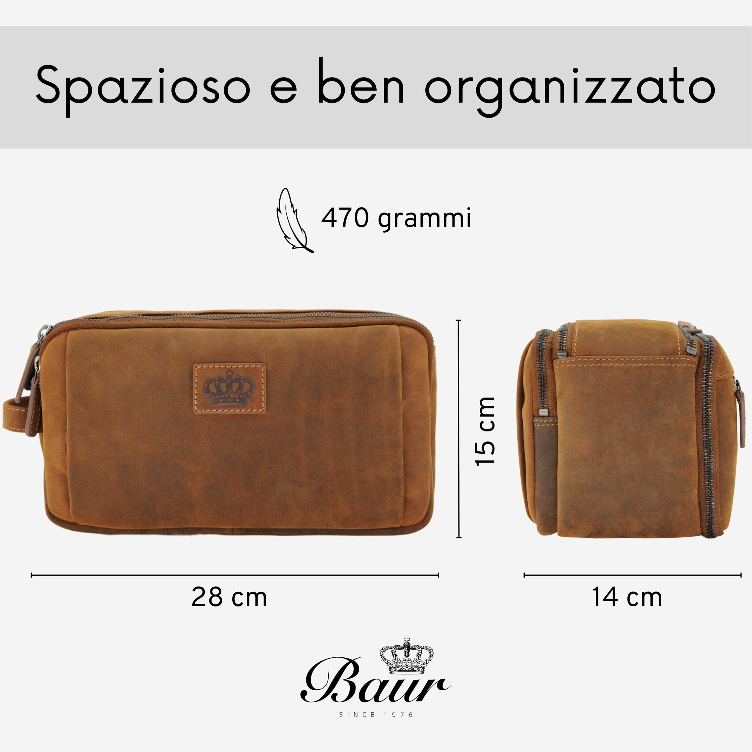Baur beauty case in vera pelle – grande trousse da viaggio con molto spazio – beauty case da donna e uomo (Pelle di bufalo marrone)