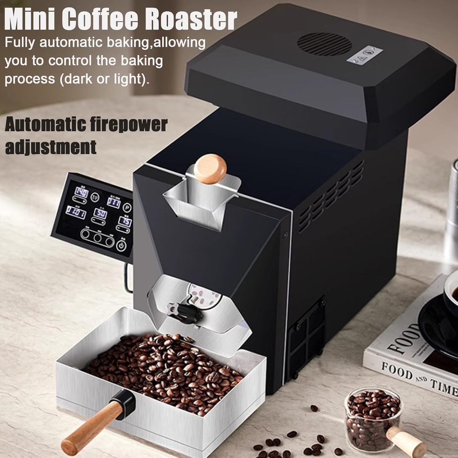 Tostadora eléctrica compacta para granos de café, capacidad de 200 g, para uso doméstico y comercial con enfriamiento rápido.
