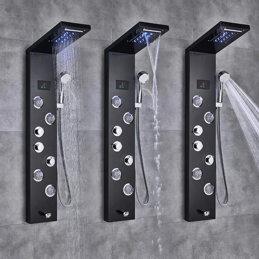 Hydroelektryczność cyfrowy wyświetlacz panel prysznicowy kolumna LED deszcz wodospad prysznic 2-drożne dysze spa wanna prysznic mikser - CZARNY-9001