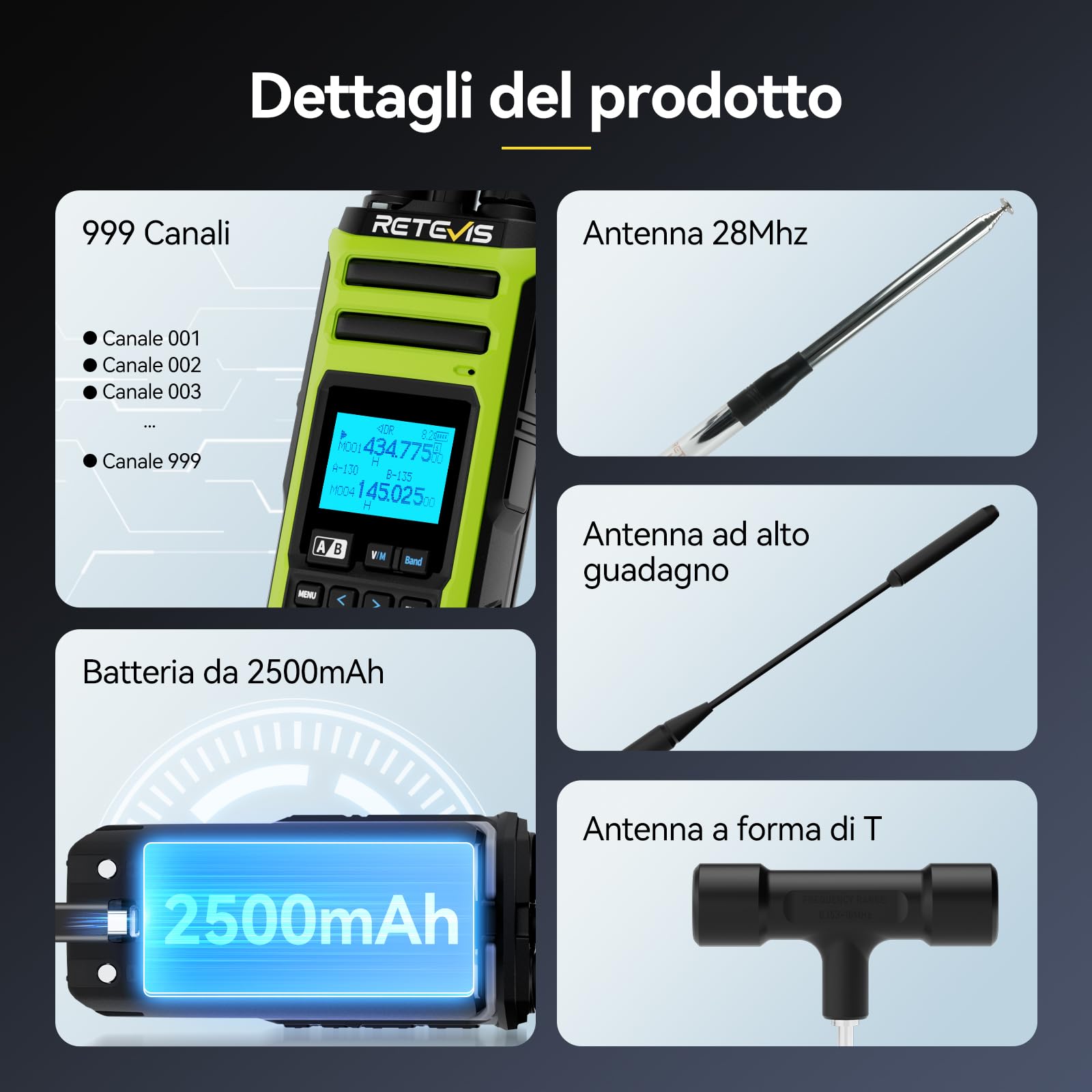 Retevis A3 Radio Bidirezionale, Radio Amatoriale Quad-Band, Modalità AM/SSB/FM/AIR, Doppio Canale, 2500mAh, Walkie Talkie con Potenza Regolabile per Caccia, Viaggiatore (1 Pezzo)