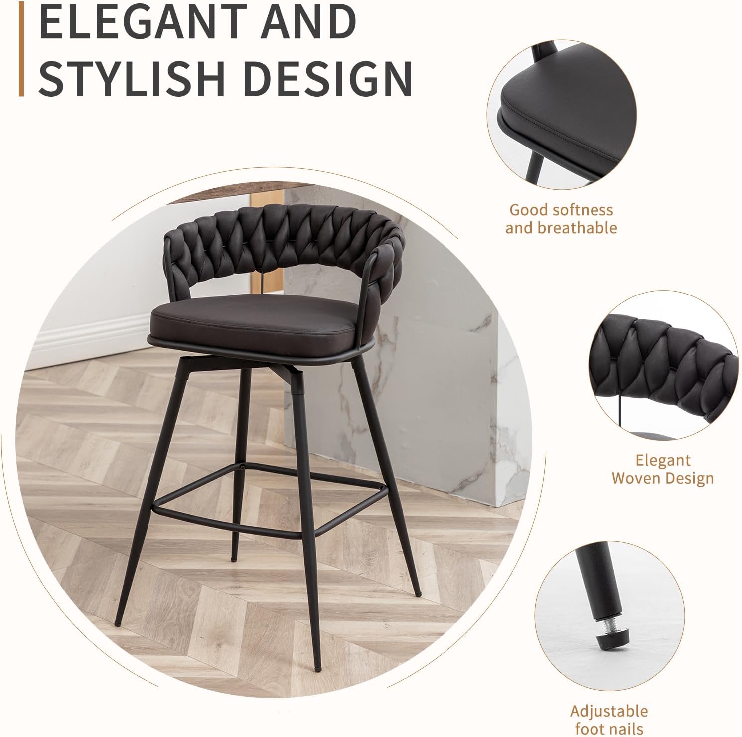 Canxkun Counter Height Bar Stools Set of 4, 26 inch Modern Bar Chairs with Woven Back, 360° Swivel Bar Stools for Kitchen Island, Cafe, Bar Counter (Black)
