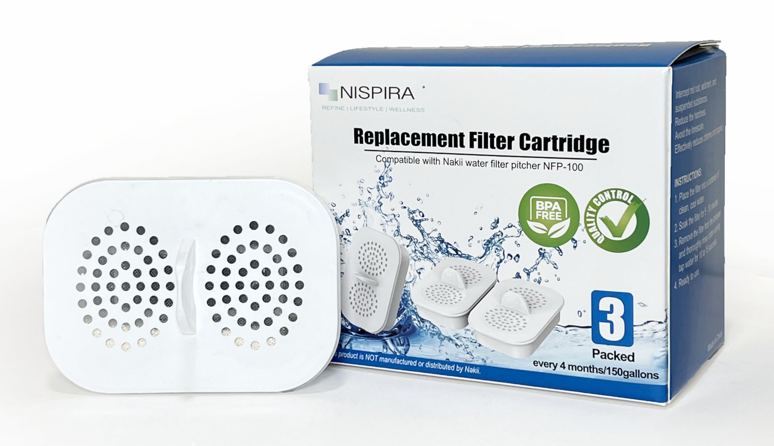 Nispira Water Pitcher Dispenser Filter Replacement, compatible with Nakii NFP-100 | Removes Chlorine, Lead, Odor, Color | Reduce Water Hardness | 3 Pack (New Version)