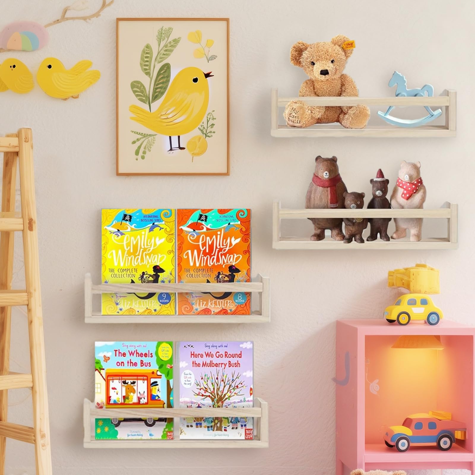 Libreria sospesa parete legno massiccio 41,5 cm set 3 pezzi per cameretta bambini