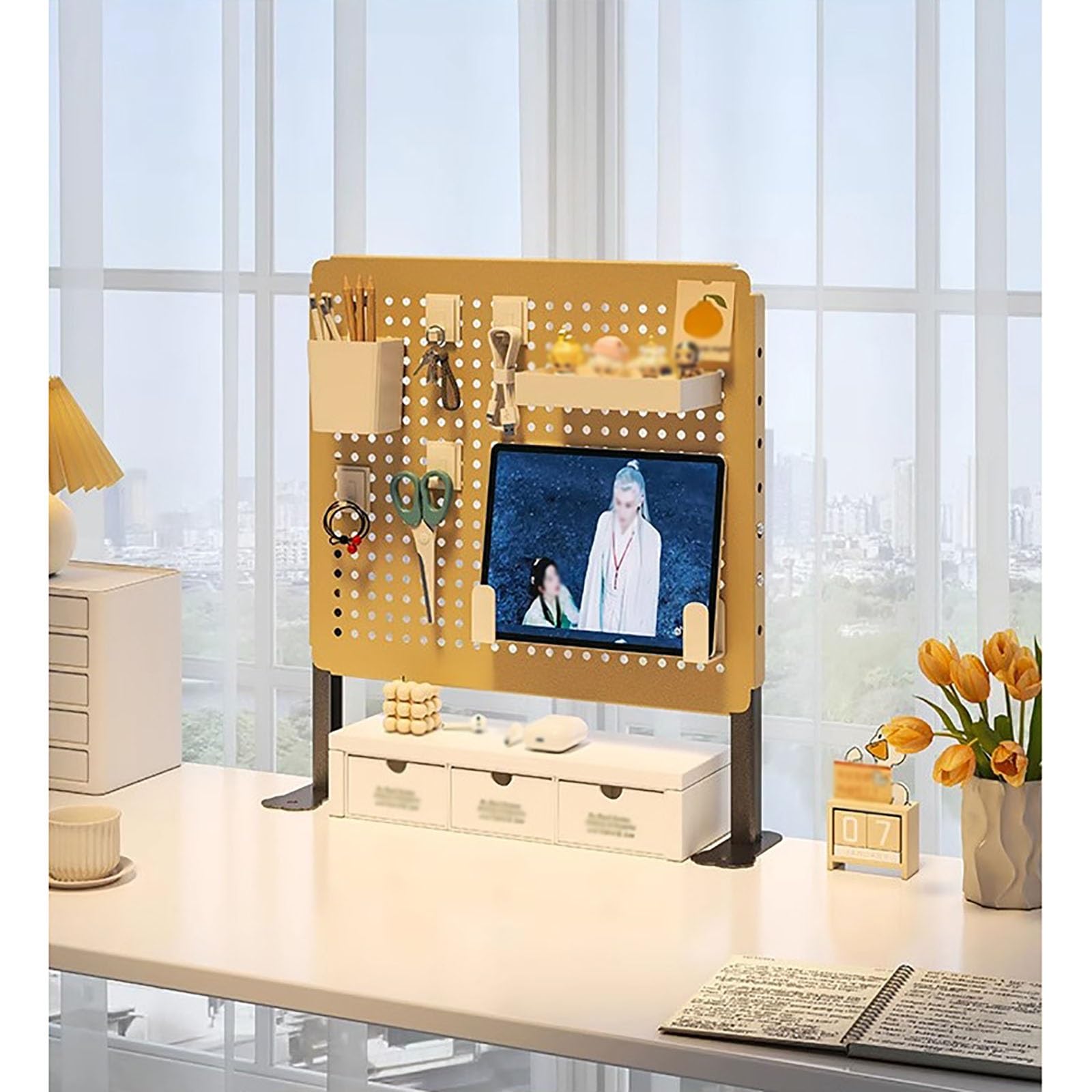 Pegboard, Stecktafel, Lochwand, Stecktafel-Werkzeugaufbewahrungsset mit Regalen und Zubehörhaken für Büroschreibtisch, Arbeitstisch-Organisation(Orange,Small)