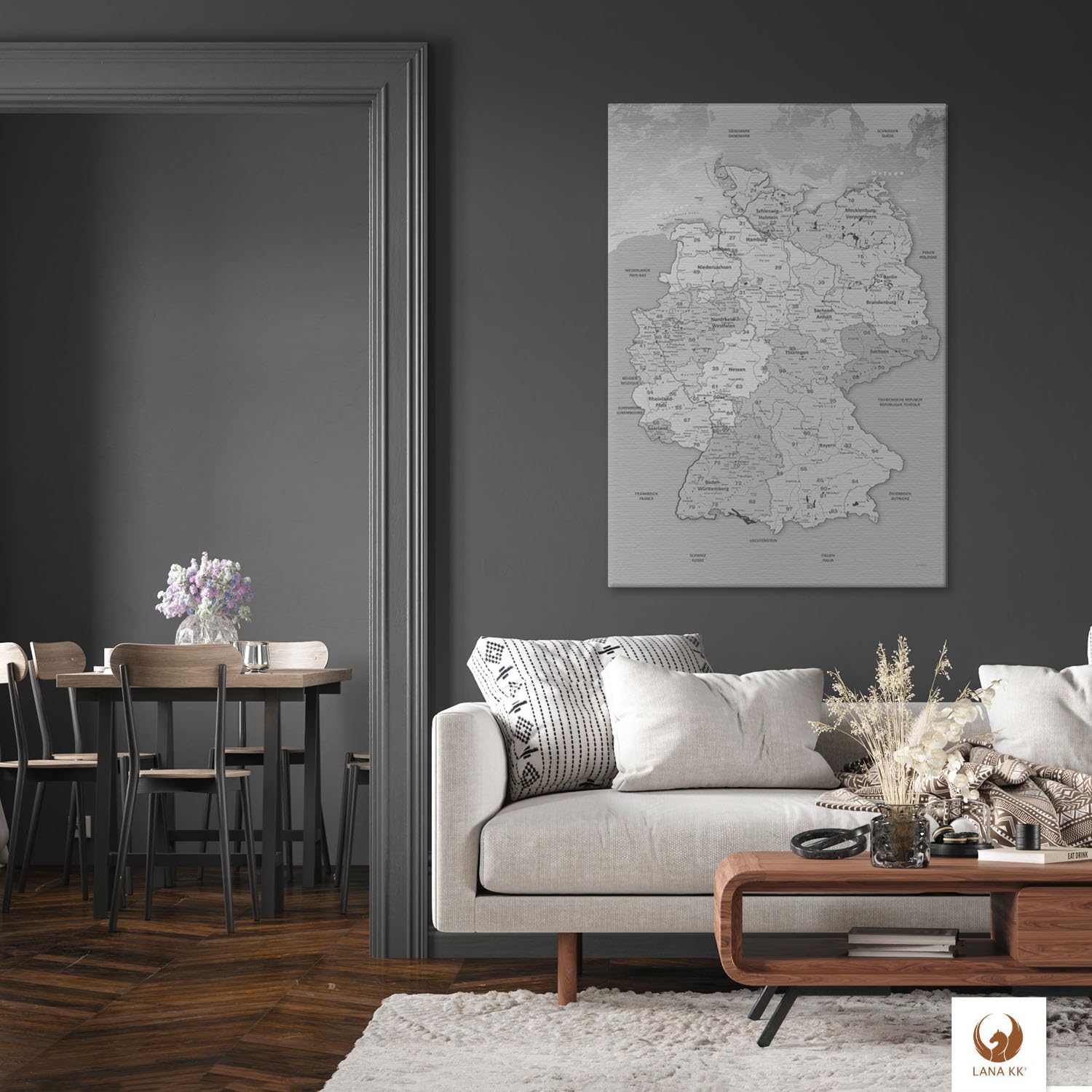 Stilvolle Pinnwand Deutschlandkarte - Hellgrau - Deutsch in 40 x 60 cm, stabile Rückwand zum Pinnen inkl. Starterkit - Leinwand-Kunstdruck Wandbild Landkarte XXL