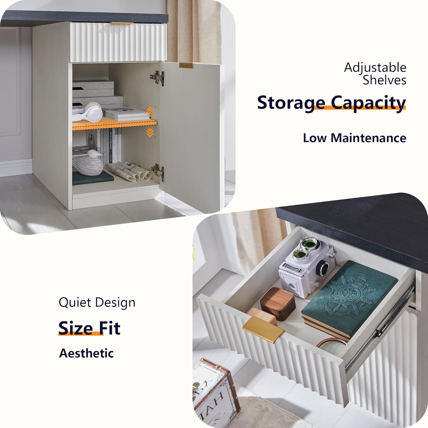 JXQTLINGMU 60" Modern Executive Desk with Storage, Wood Home Office Desk with Drawer & Cabinet, Fluted Computer Writing Desk for Study, Living Room, Bedroom, Antique White