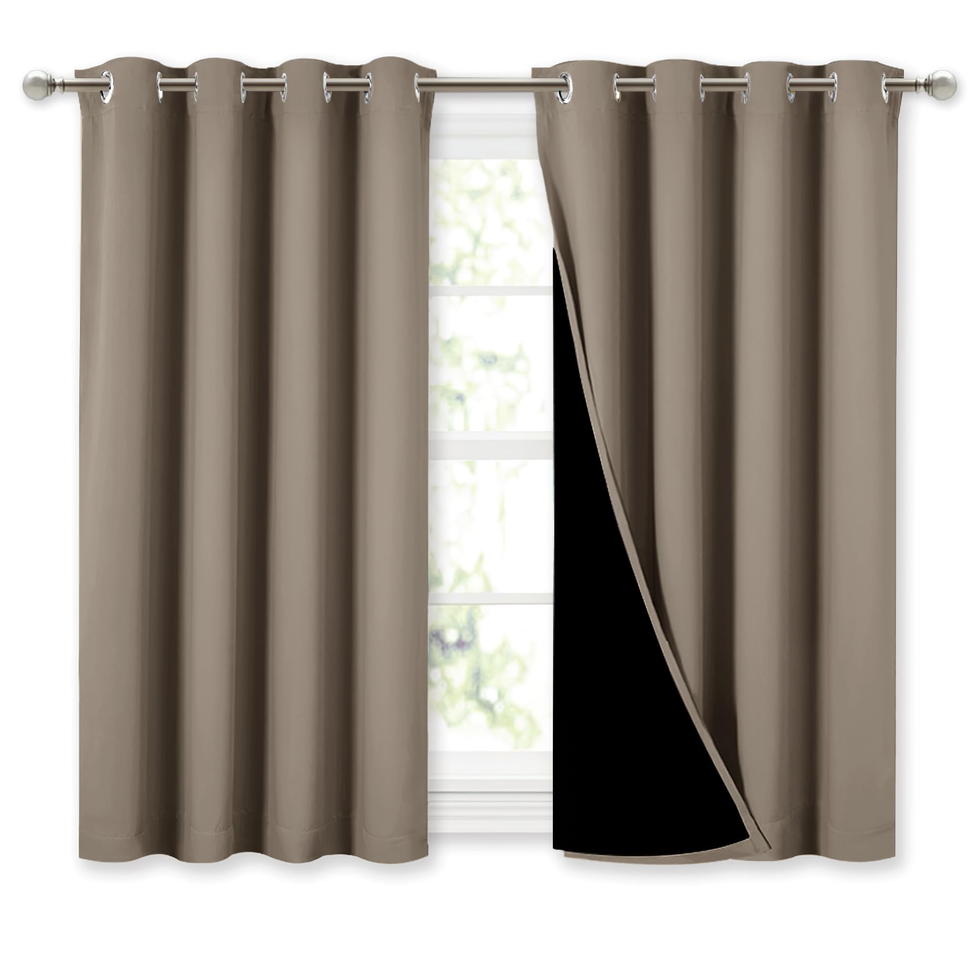 NICETOWN 100% Blackout Curtains with Black Liners, Thermal Insulated Full Blackout 2-Layer Lined Curtains, Energy Efficiency Window Draperies for Dining Room (Taupe, 2 Panels, 52-inch W by 45-inch L)