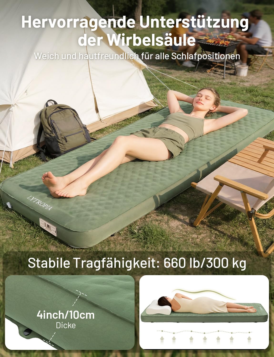 Isomatte Selbstaufblasend aus Schaumstoff mit Eingebaute Elektrische Pumpe, 10CM Dicker luftmatratze Camping Aufblasbar, Selbstaufblasbare Luftmatratze für Camping, Strand,Outdoor, Zelt, Auto