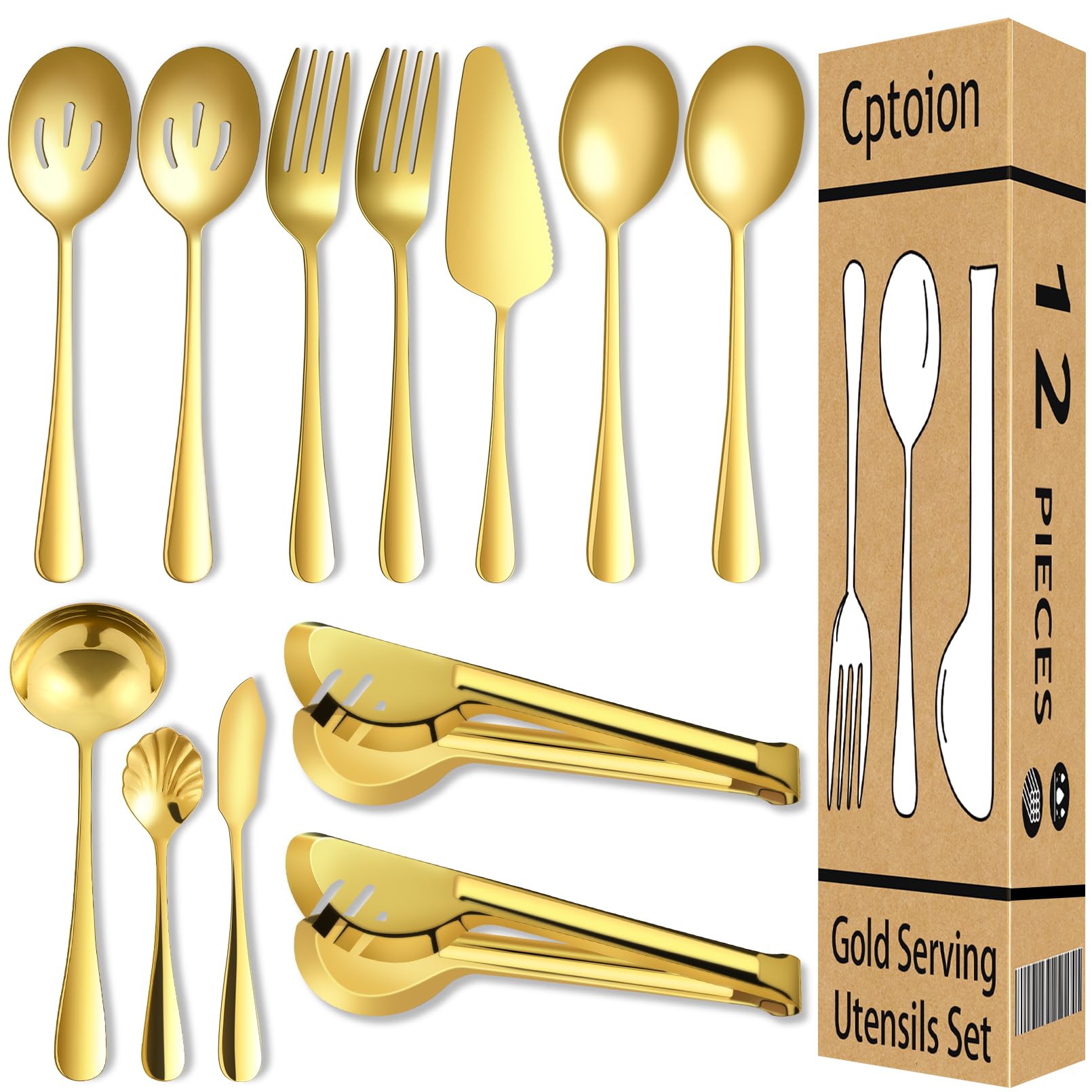 Cptoion Gold Serving Utensils,12 Pcs Stainless Steel Serving Utensils Set with Slotted Spoons,Serving Spoons,Forks,Tongs,Butter Knife,Soup Ladle,Pie Server,Buffet Serving Utensils for Parties Wedding