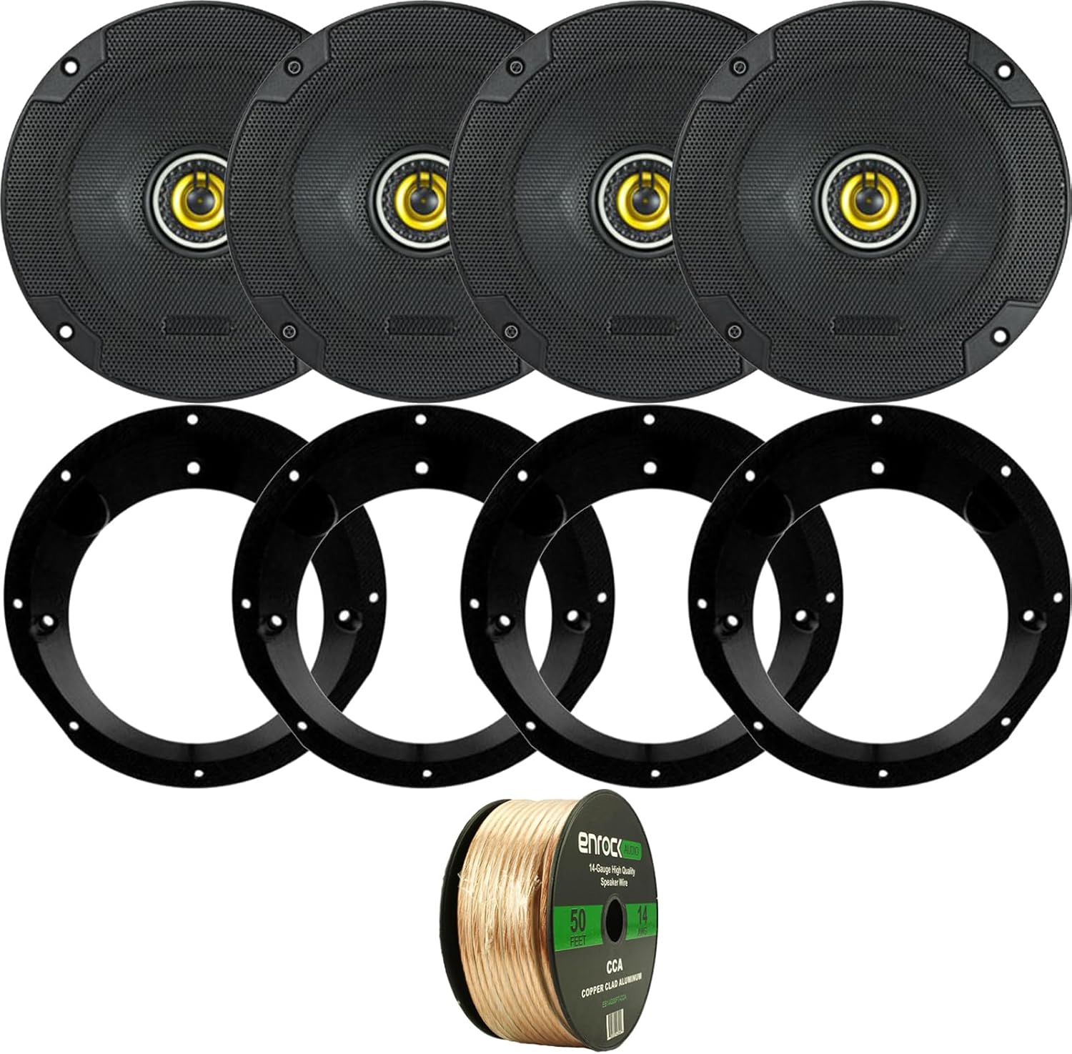4X 46CSC654 600-Watt 6.5" Inch 2-Way Black Car Coaxial Speakers - Bundle Combo with Speaker Mounting Rings for Motorcycles, Enrock 50 Foot 14 Gauge Speaker Wire