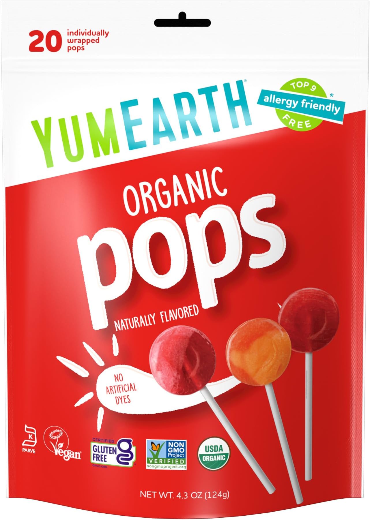 YumEarth Organic Lollipops, Assorted Flavors, 4.3 Ounce, 20 Lollipops - Allergy Friendly, Non GMO, Gluten Free, Vegan