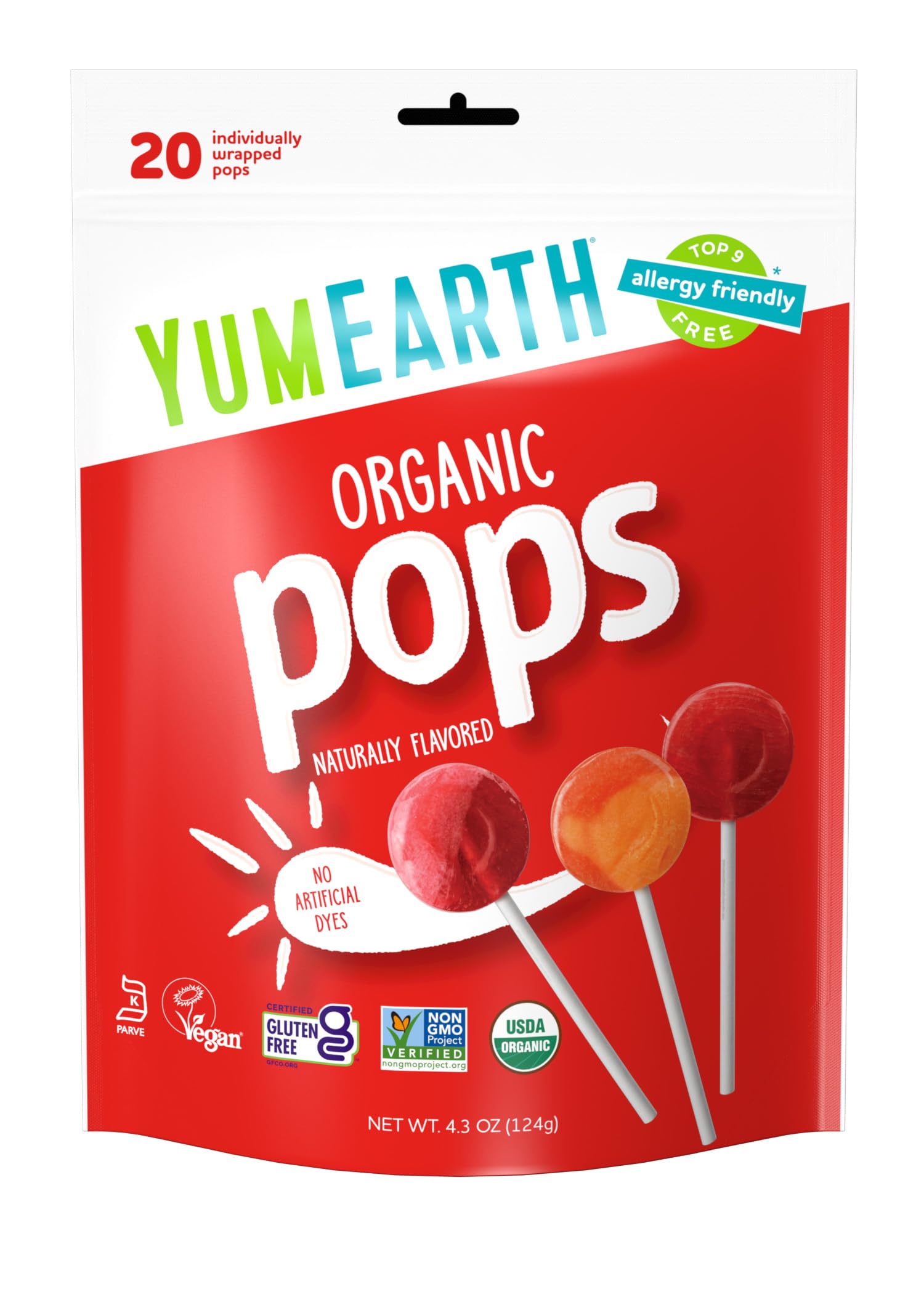 YumEarth Organic Lollipops, Assorted Flavors, 4.3 Ounce, 20 Lollipops - Allergy Friendly, Non GMO, Gluten Free, Vegan