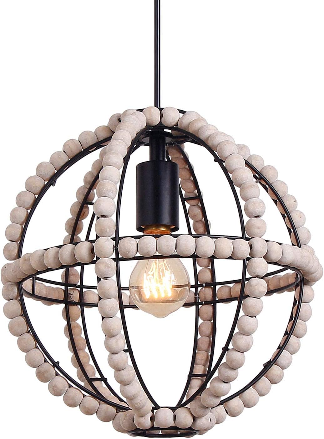 Authentic Crazy Deals Wood Bead Chandelier Pendant Lamp, Modern Wood Bead Chandelier Ceiling Fixtures-1 Lights (Bulb not Include), Industrial Metal Ring Frame Ceiling Lamp Kitchen Island Vintage Hanging Light Fixtures
