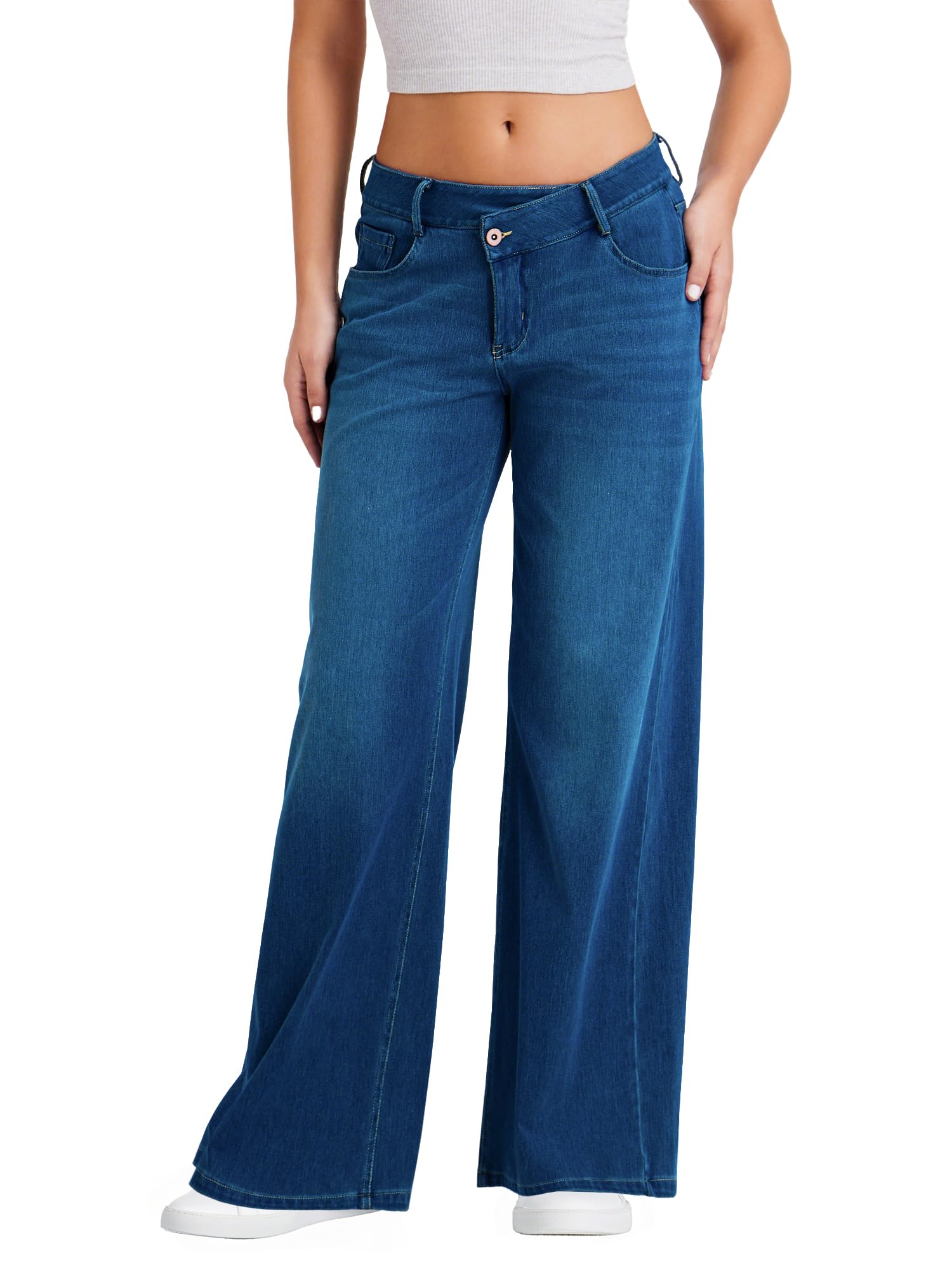 LaiEr Jeans à Jambe Large pour Femmes,Design Unique de Taille à Fermeture éclair,Coupe Droite,Coupe Ample,Pantalon en Denim à Haute élasticité adapté pour des Occasions décontractées.
