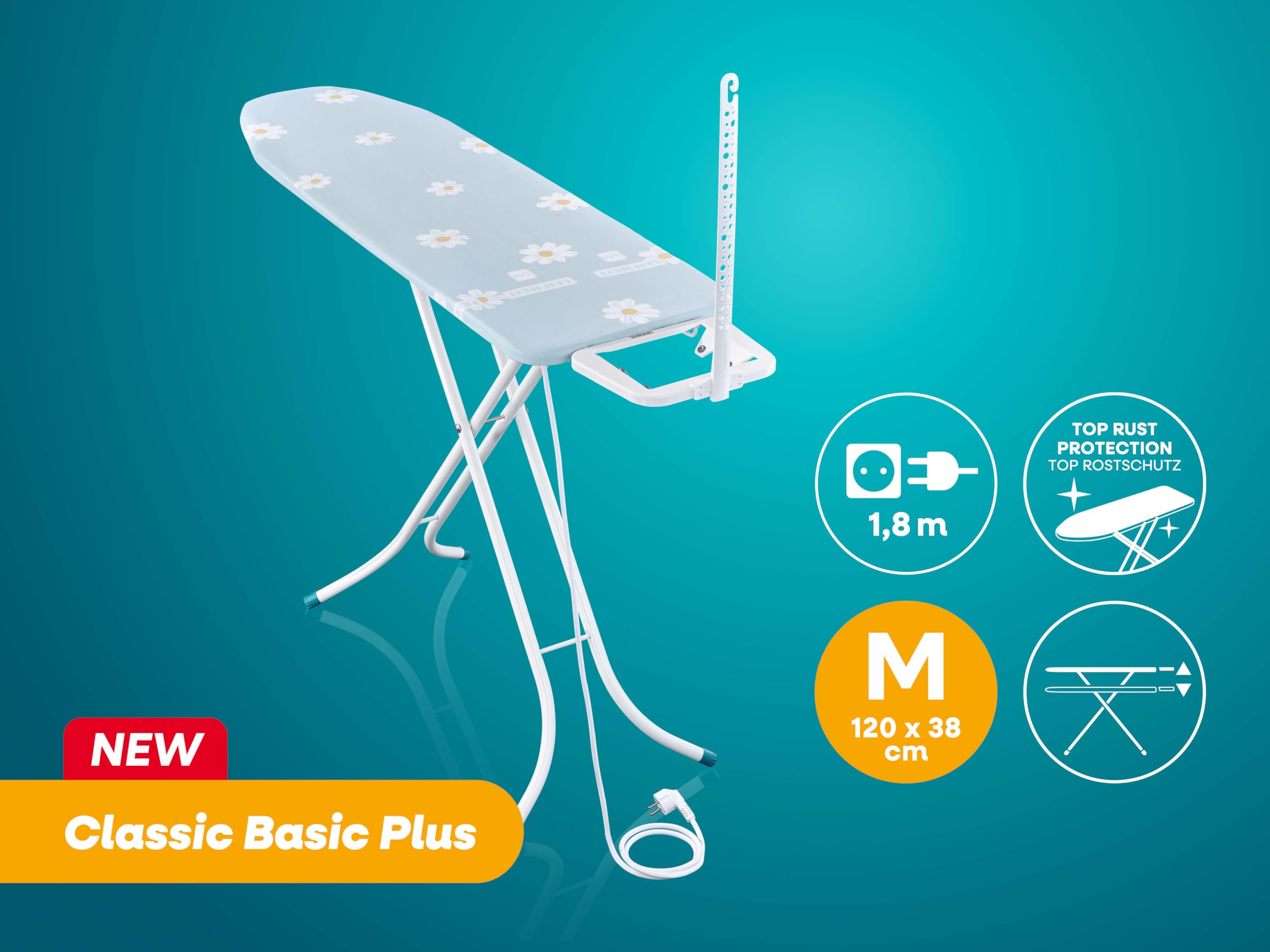 Leifheit Bügelbrett Classic M Basic Plus, Bügeltisch Fläche bis 120 x 38 cm | Bügelfläche aus Streckmetall, höhenverstellbar 69-88 cm, Ablage für Dampfbügeleisen, Kabelhalter, Rostschutz, florales Muster