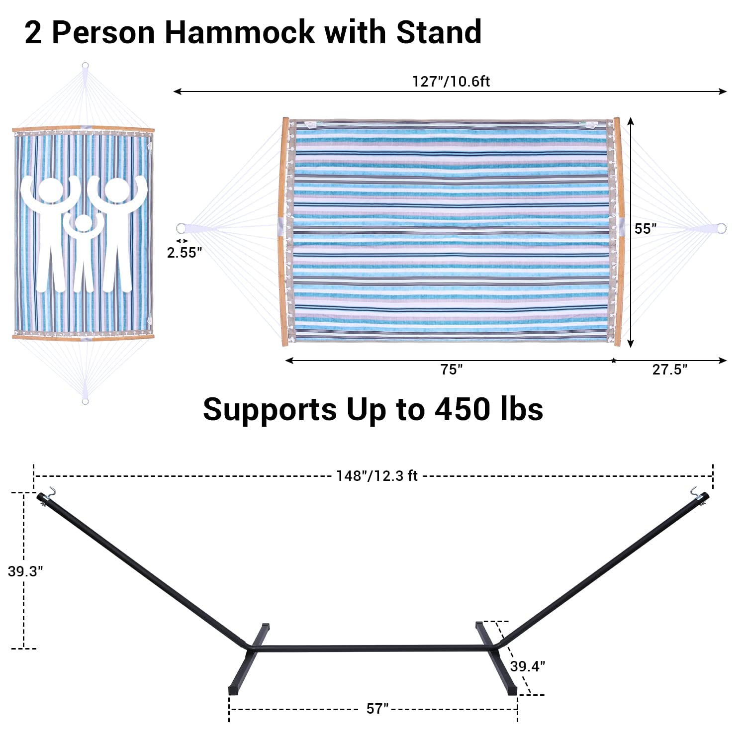Double Hammock with Stand Included Ohuhu 55x75 Inch 2 Person Hammock