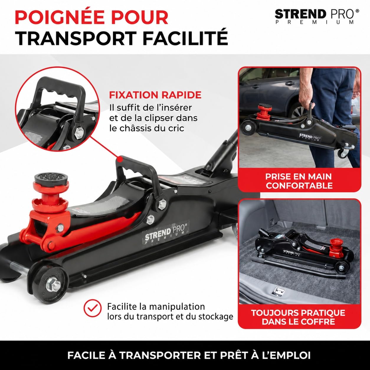 STREND PRO Premium Cric rouleur hydraulique 2,5 t, Profil Bas, Hauteur 80-360 mm, sur roulettes avec Adaptateur en Caoutchouc pour Voiture