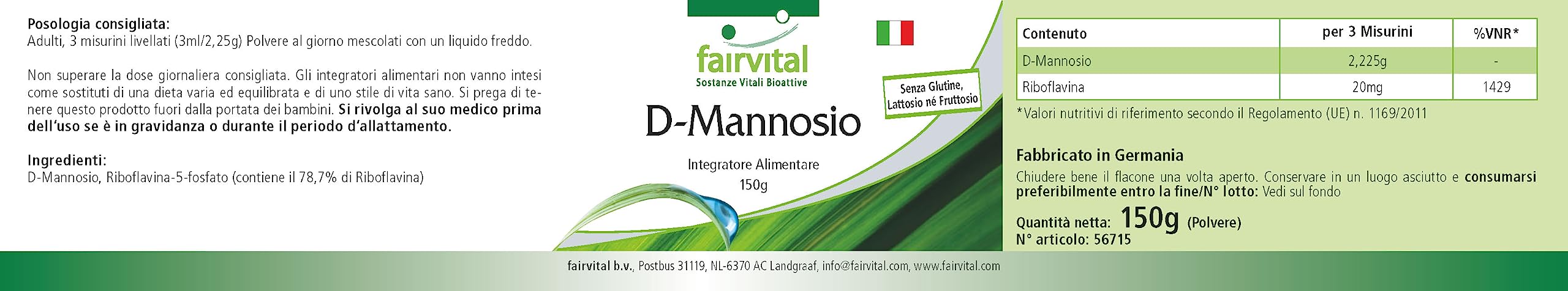 fairvital D-mannose 150 g de poudre, avec de la vitamine B2 (riboflavine), 100% pur et 100% végétalien, hautement dosé, qualité contrôlée, fabriqué en Allemagne