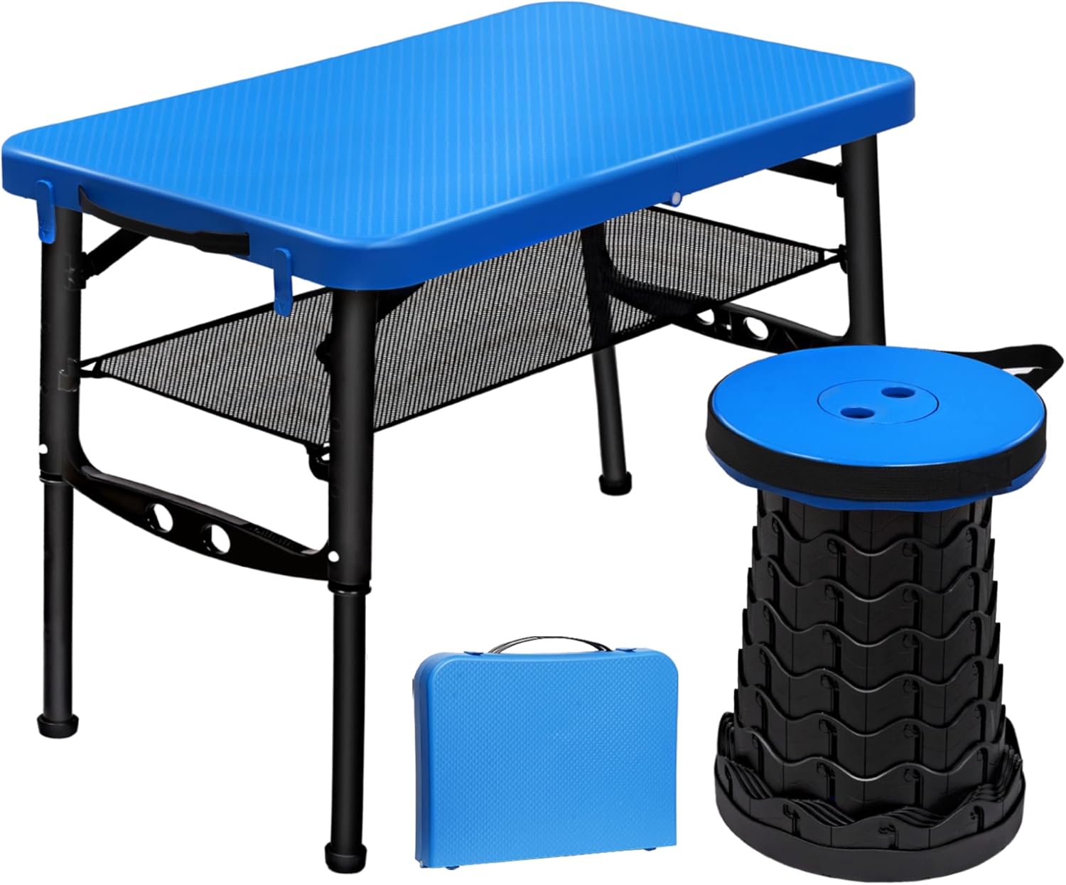 FIEMACH Portable Folding Table with Telescopic Stool, Adjustable Height