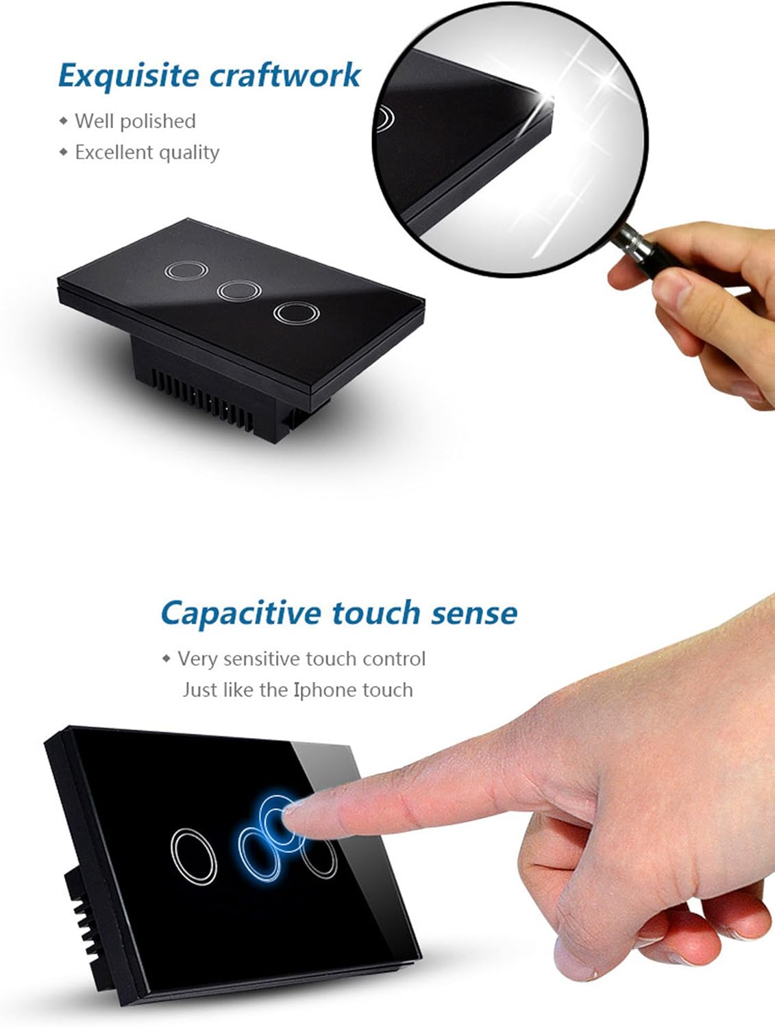 Touch Switch 1000W Wall Light Switch 3 Gang 1 Way Crystal Glass Touch Panel Waterproof (Black)