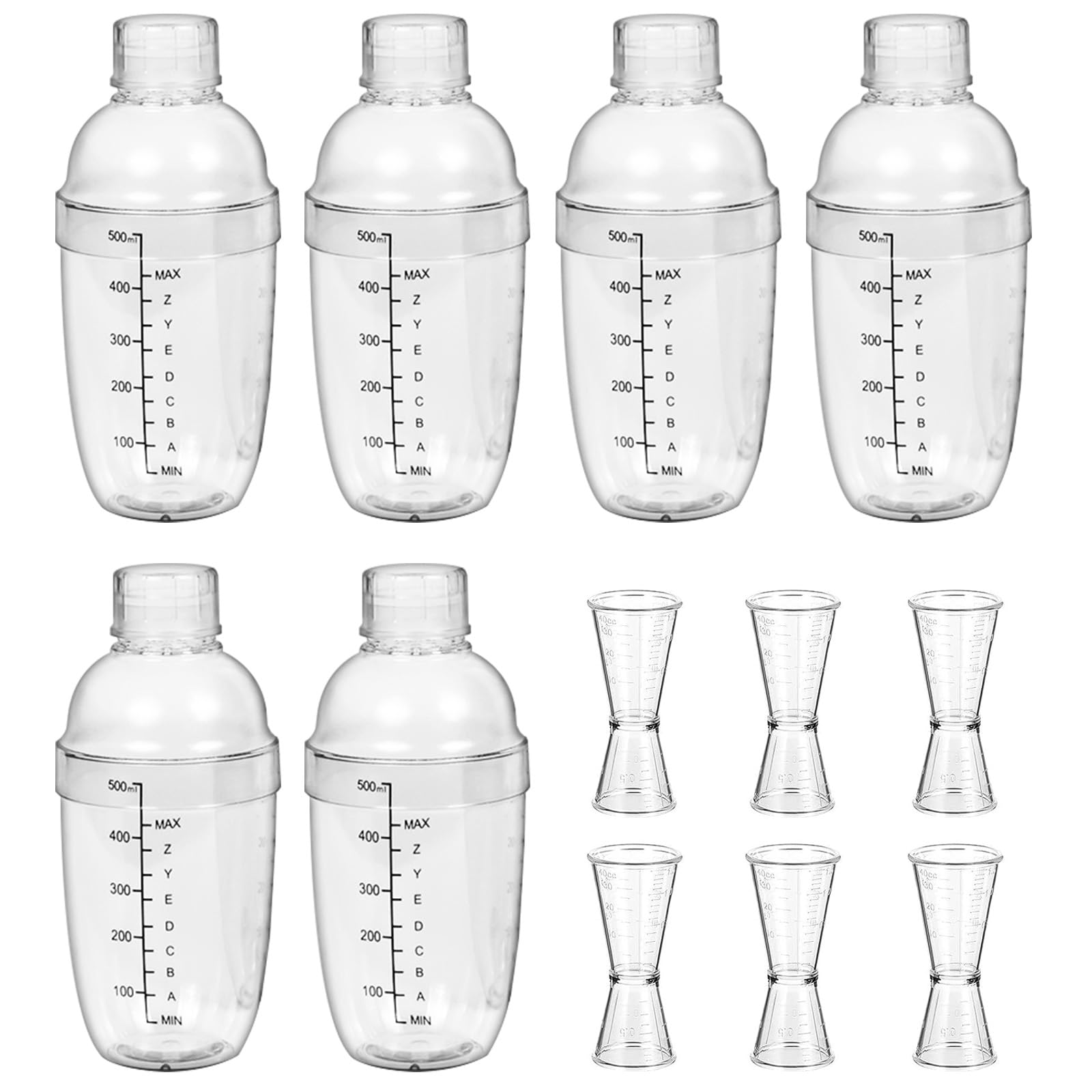 Voittozege 12 Pcs Plastic Cocktail Shaker Set, 6 Pcs 17 oz Cocktail Shaker and 6 Pcs Measuring Jigger Set Clear Wine Shaker Bar Mixing Tool Clear Drink Shaker for Kitchen Bar Party Tools