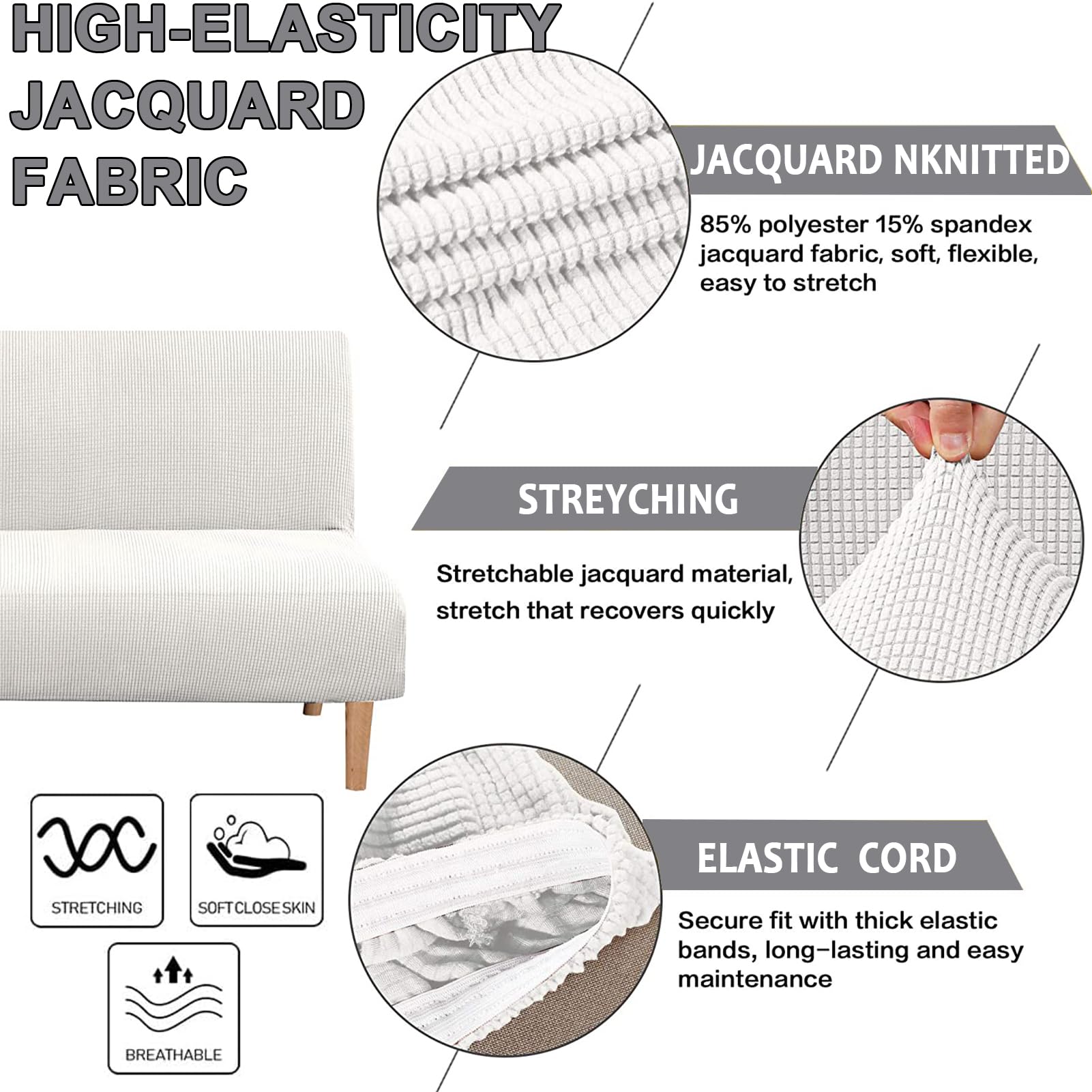 Funda Elástica Jacquard | Sofá Cama sin Brazos | Protector Antideslizante Plegable | Lavable Máquina | para Proteger del Pelo de Mascotas y Niños (Marfil,Futon)