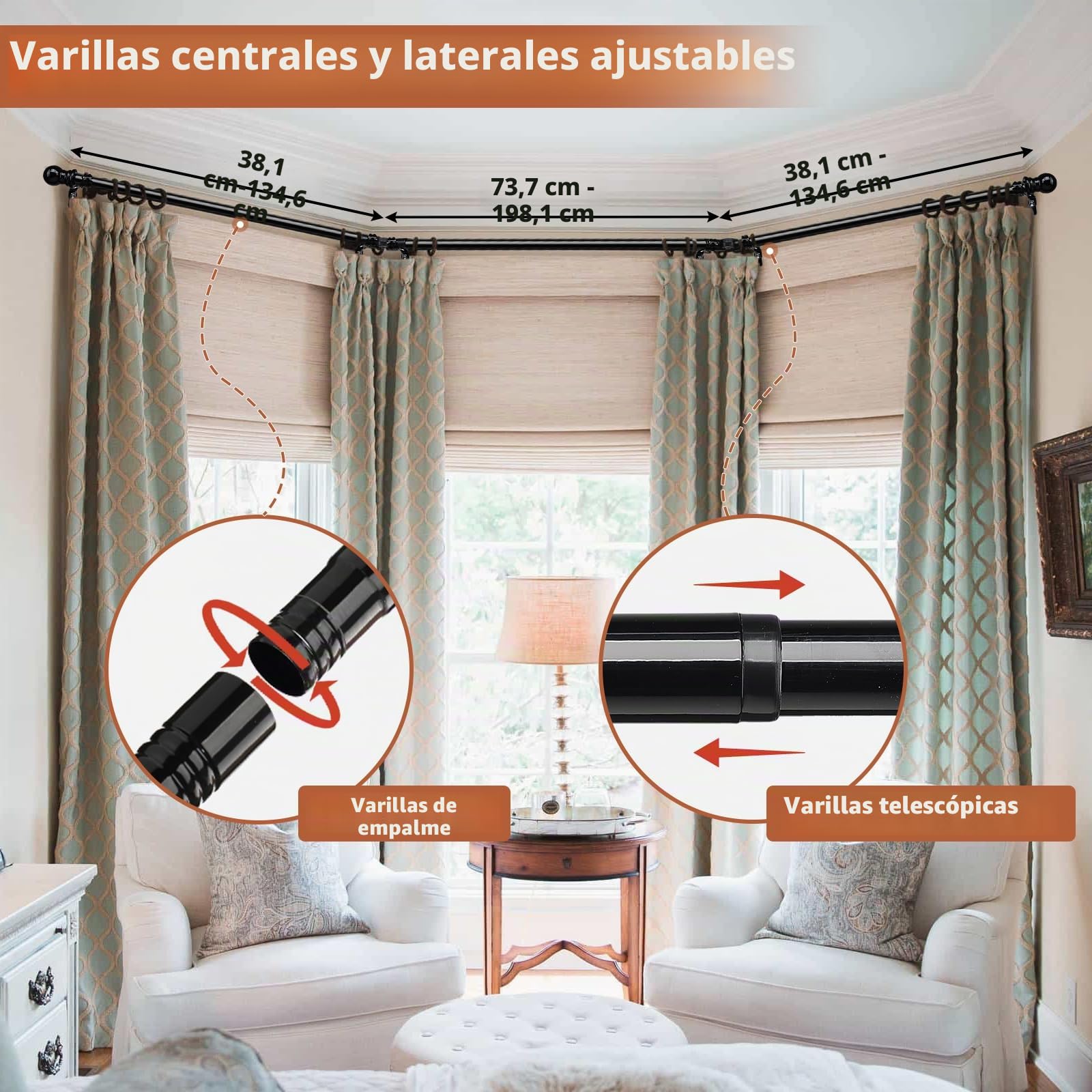 Barras de Cortina para Ventanas Saledizas, Barra de Cortina Curvada para Ventanas de 76 a 460 cm, 2 Codos Incluidos, 25 mm de Diámetro, Barra de Cortina Negra Resistente de 3 Lados para Dormitorio