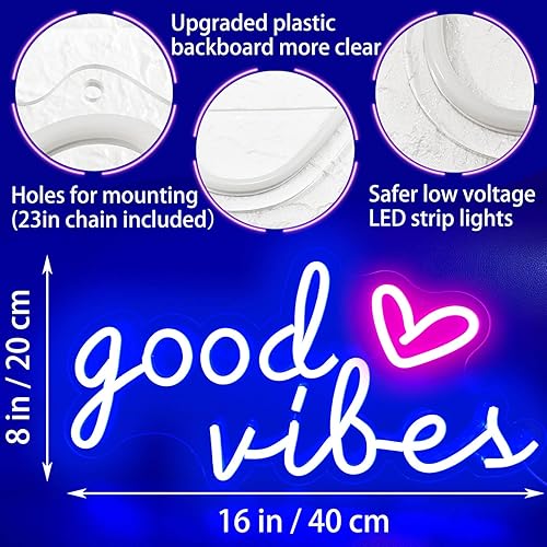 Miniatura 4 de Letreros de neón azules de Good Vibes para decoración de pared, decoración de habitación estética Good Vibes azul claro neón, letrero LED USB Good