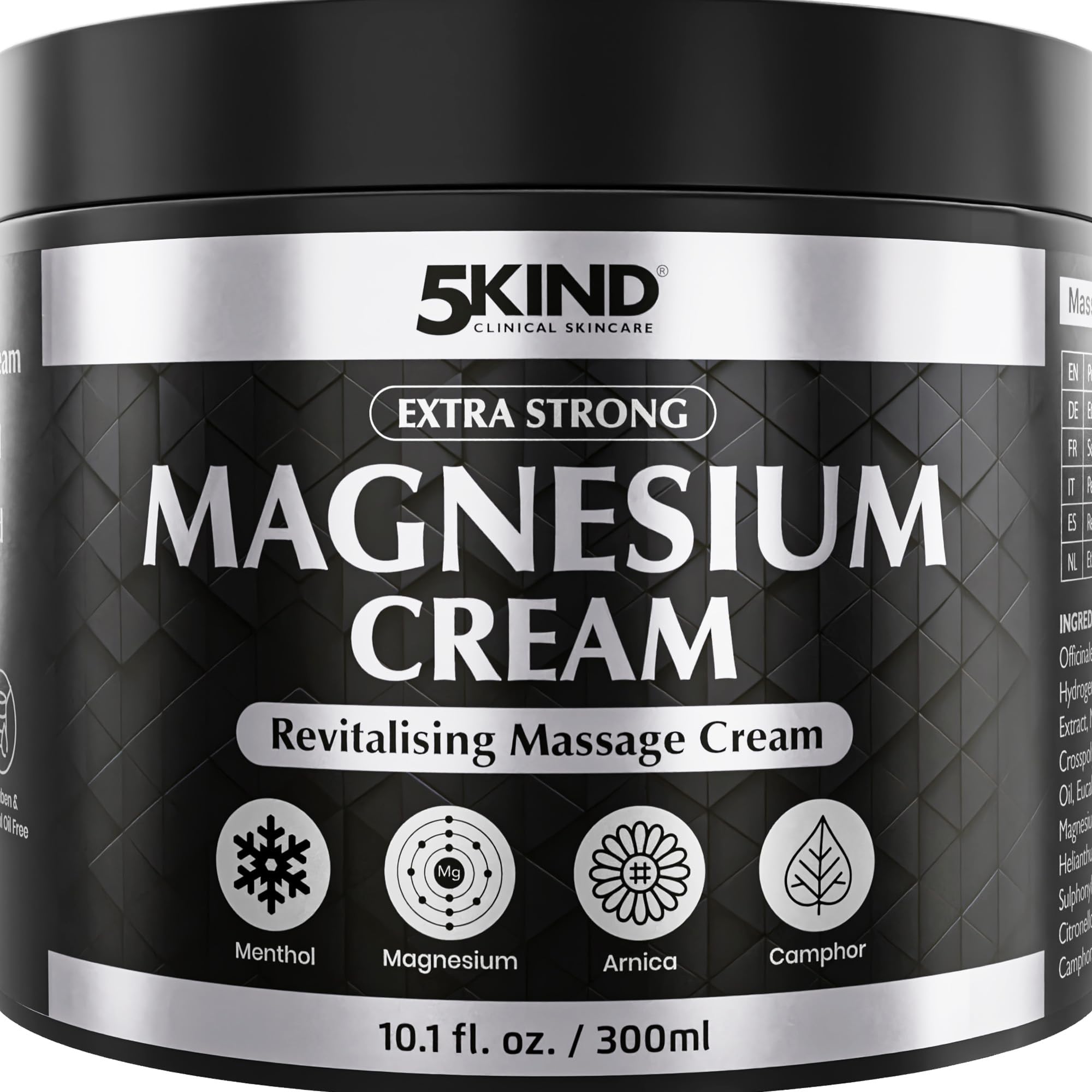 5Kind Crema al Magnesio Extra Forte 300ml - Crema al Magnesio per Muscoli, Articolazioni, Schiena, Ginocchia, Collo, Spalle - Arricchita con Arnica, Eucalipto, Consolida, Mentolo e Olio di Canapa