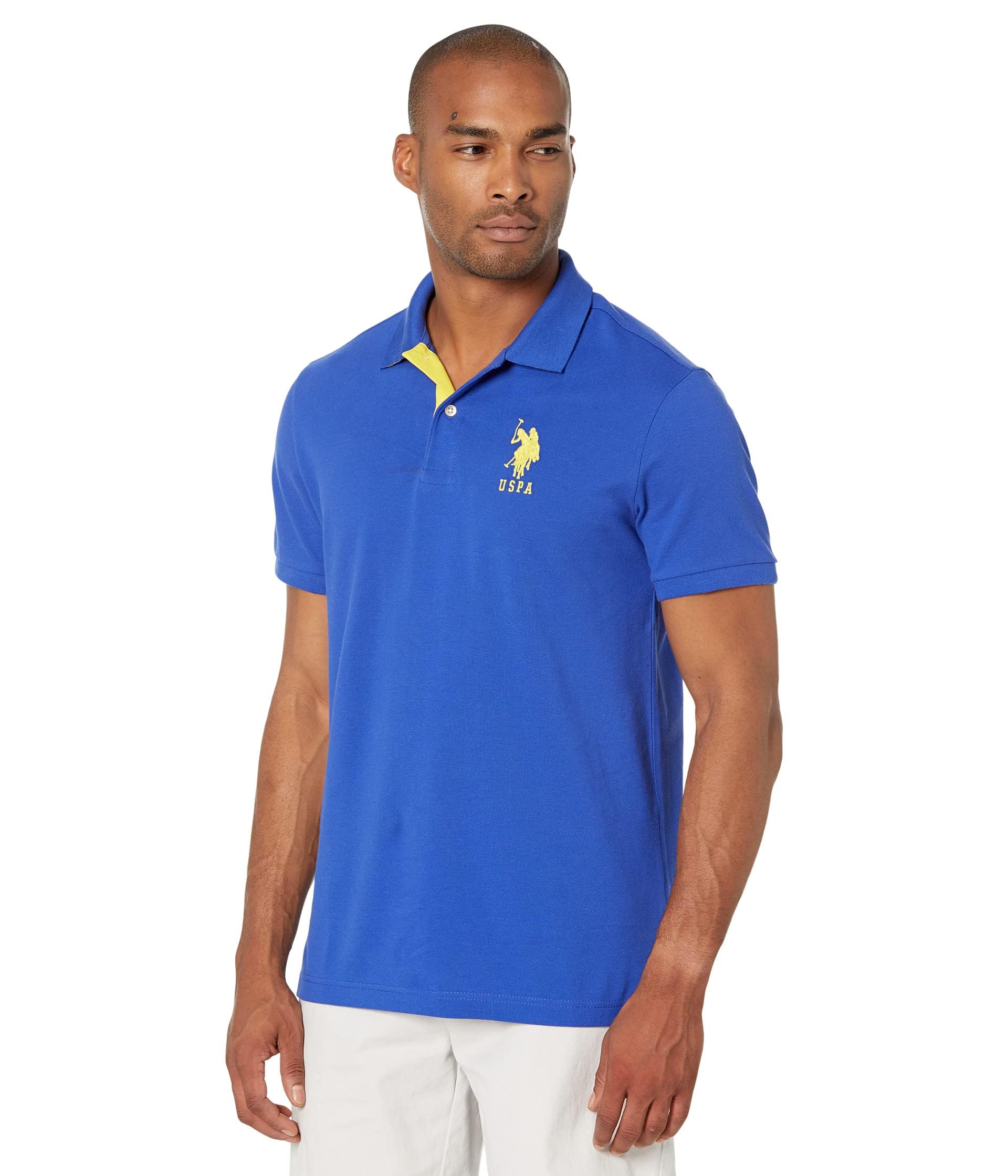 U.S. Polo Assn. Men's Short-Sleeve Polo Shirt with Applique, Cobalt Blue/Yellow, XL
