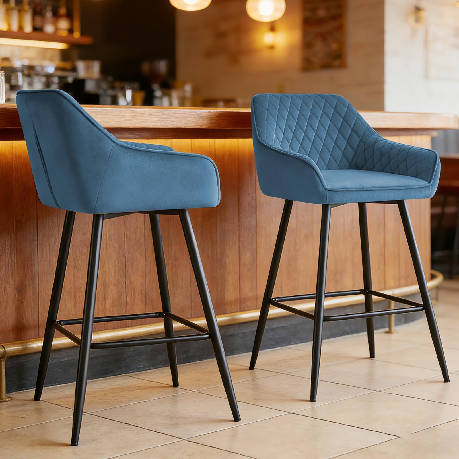 Lot 4 Tabourets de Bar Bleu-Vert, Chaises de Salon, Chaises de Bar, Siège en Velours avec Dossier, Accoudoir et Repose-Pieds Métallique pour Bistrots,Bar,Bureau (4, Bleu-Vert)