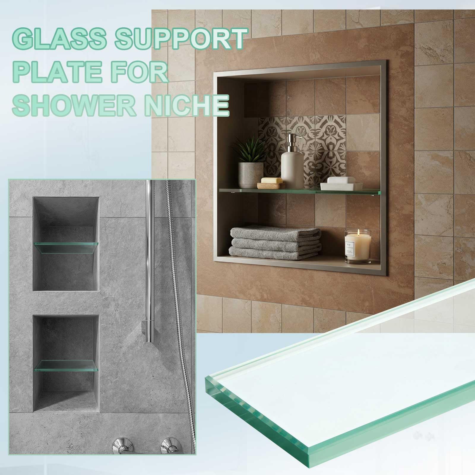 AceOrbit Glasduschregal für Duschnische, bruchfest, einfache Installation, klare Glasstützplatte für DIY-Aufbewahrung, Dekoration, 8 x 31 cm, 2 Stück