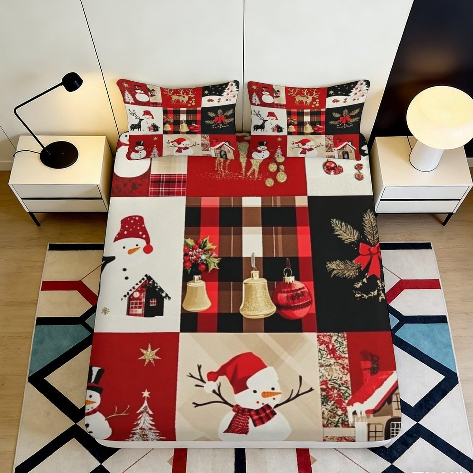 3D Printed Christmas Snowman Fitted Sheet Microfiber Red Plaid Bells Mattress Cover for Bedroom Guestroom 90x200x25cm