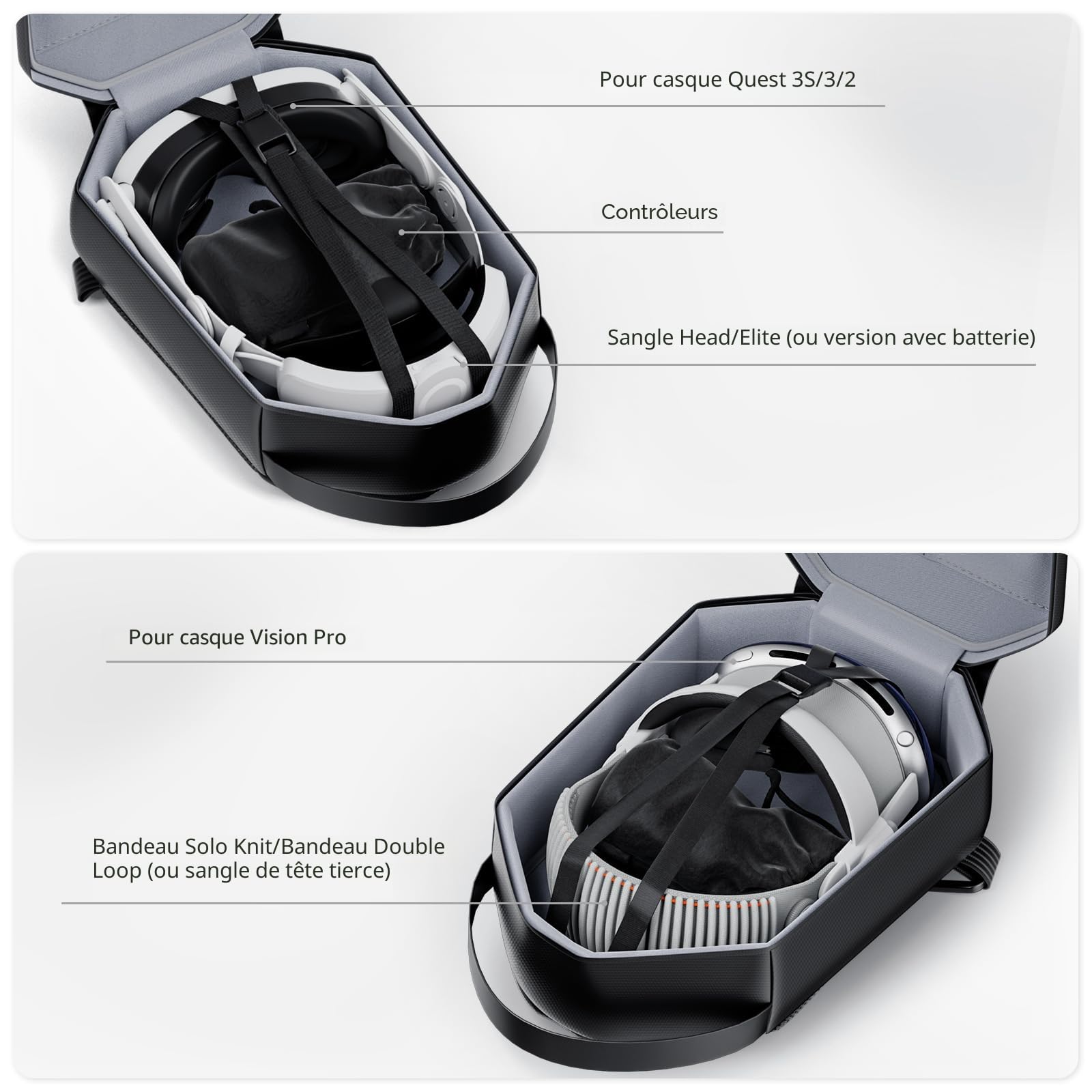 Étui de Transport pour Meta Quest 3S/3/2/Vision Pro/Pico 4, Étui de Voyage Rigide Compatible avec Kiwi Design/Bobovr Elite Sangle de Batterie et Accessoires de ContrôLeurs, Sac à Dos à BandoulièRe