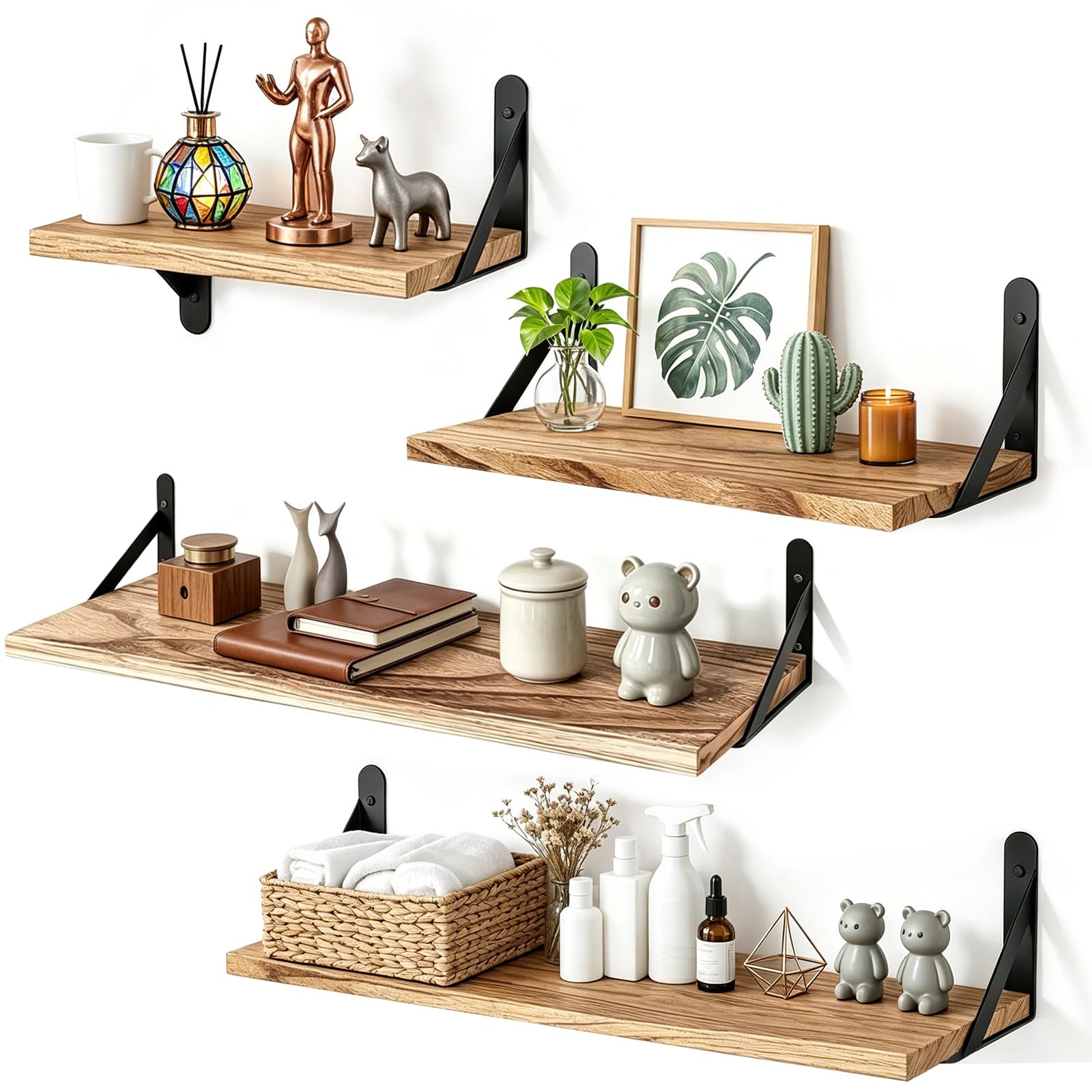 KiPuppi Floating Shelves Set of 4, Wall Mounted Rustic Wooden Shelves, Wall Shelves for Display Books, Photos & Small Decor, for Bedroom Living Room Kitchen Bathroom (Large×2, Medium×1, Small×1)