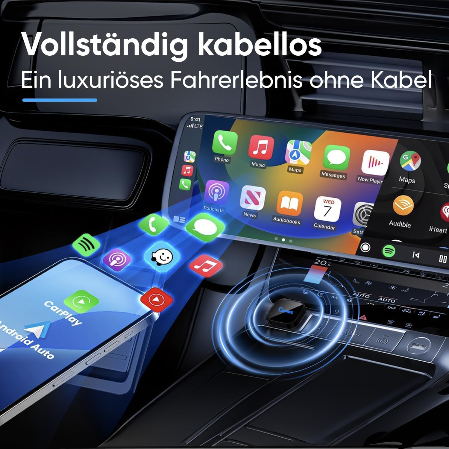 CarMe Ultra Mini 2-in-1 CarPlay Wireless Adapter & Android Auto Wireless Adapter, wandelt kabelgebundenes CarPlay & Android Auto in kabellos um, Easy Plug & Play für iOS 10+/Android 11+ (Schwarz)
