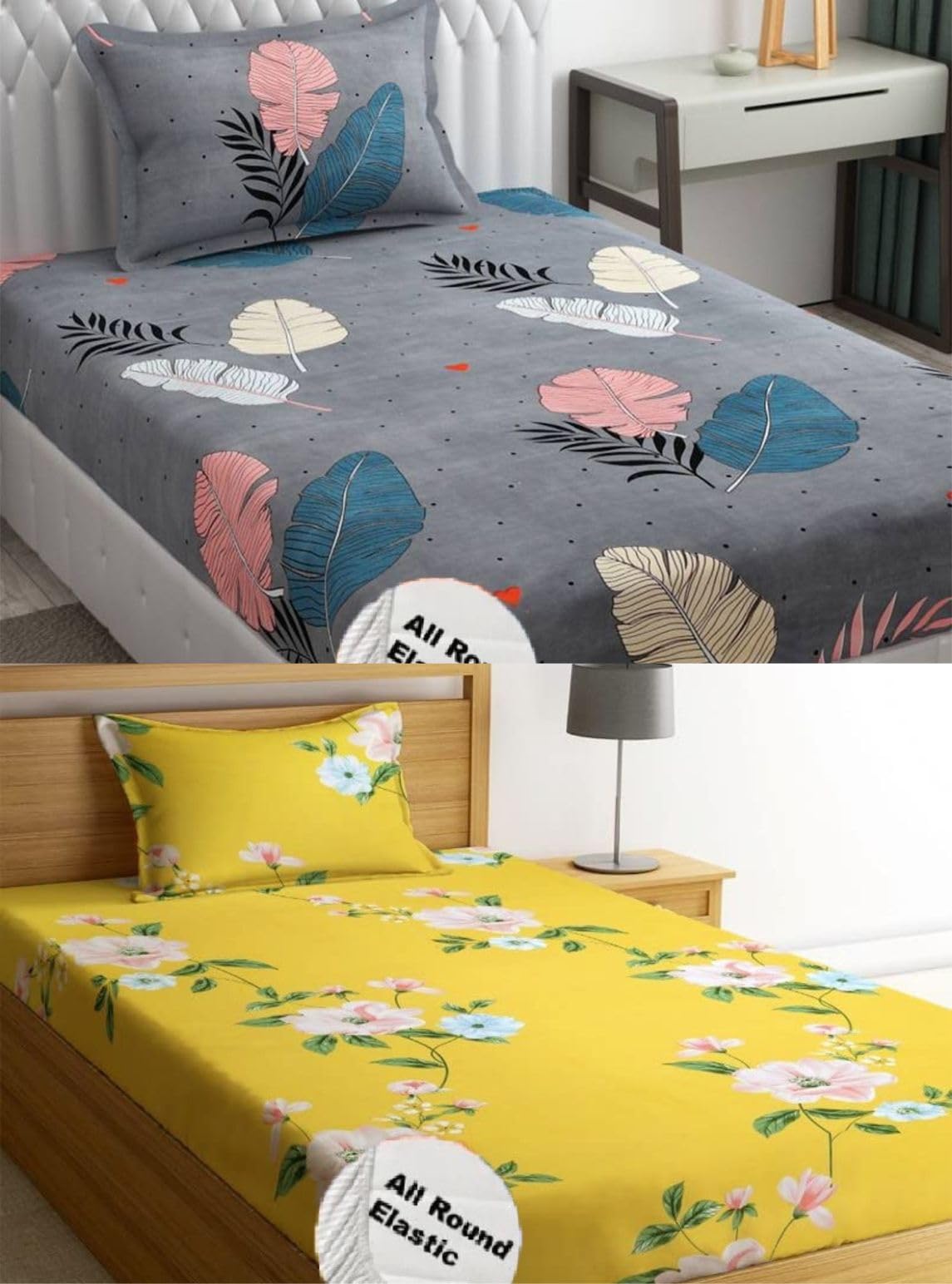 PRtrend 100% Soft Glace Cotton Elastic Fitted Single Bed Combo Bedsheet with 2 Large Pillow Cover (Single Bed 36 x72x6 inches) (Grey Leaf, Yellow Flower) (B0CT65DY6P) Amazon Price History, Amazon Price Tracker
