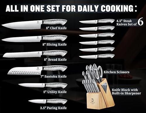 Miniatura 5 de Juego de cuchillos de 14 piezas con bloque de madera, juego de bloques de cuchillos de cocina de acero inoxidable con afilador integrado, apto para