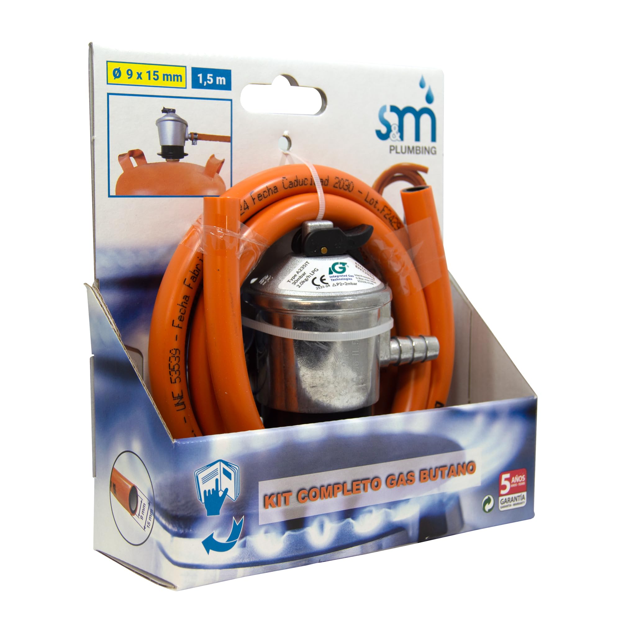 S&M 321771 - Kit completo butano: Regulador de gas butano + Tubo Goma 1,5 metros + 2 abrazaderas de seguridad | Homologado para España | Apto para cocinas, estufas, calderas y barbacoas