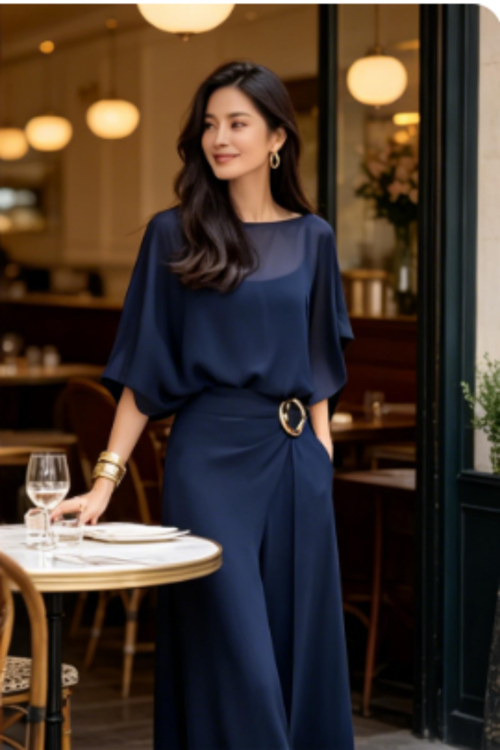Generico Completo Top con Maniche a Mantella e Pantaloni a Portafoglio – Set Elegante a Due Pezzi con Vita Avvolgente, Ideale per Ufficio, Feste e Vacanze