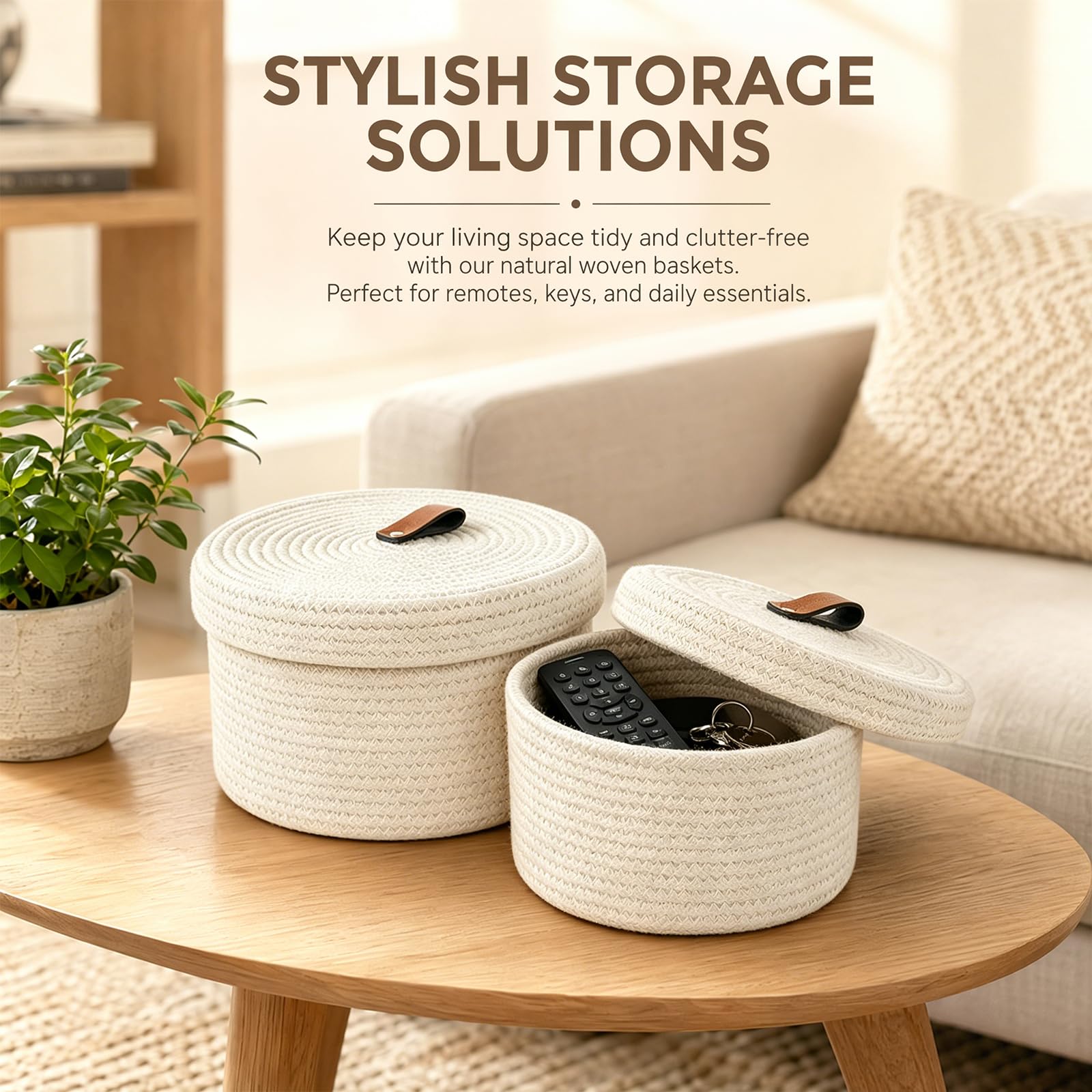 2 cestini portaoggetti con coperchio, in filo di cotone intrecciato con maniglia, cesto decorativo lavabile con coperchio, organizer multifunzione per scaffali, soggiorno e bagno (beige)